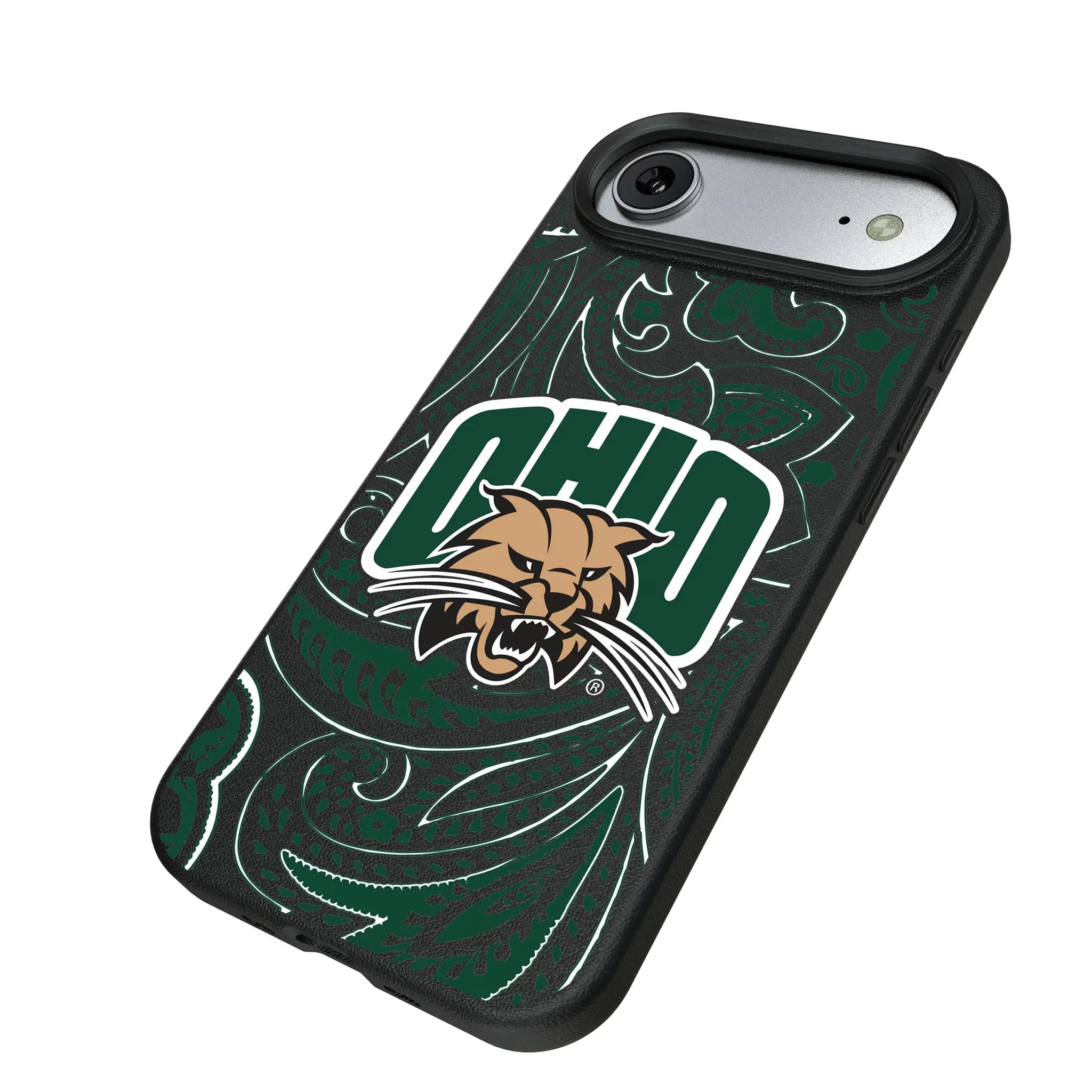 Ohio University Bobcats Paisley iPhone MagSafe Compatible Phone Case for Apple iPhone - Isometric View#Device_iPhone Air