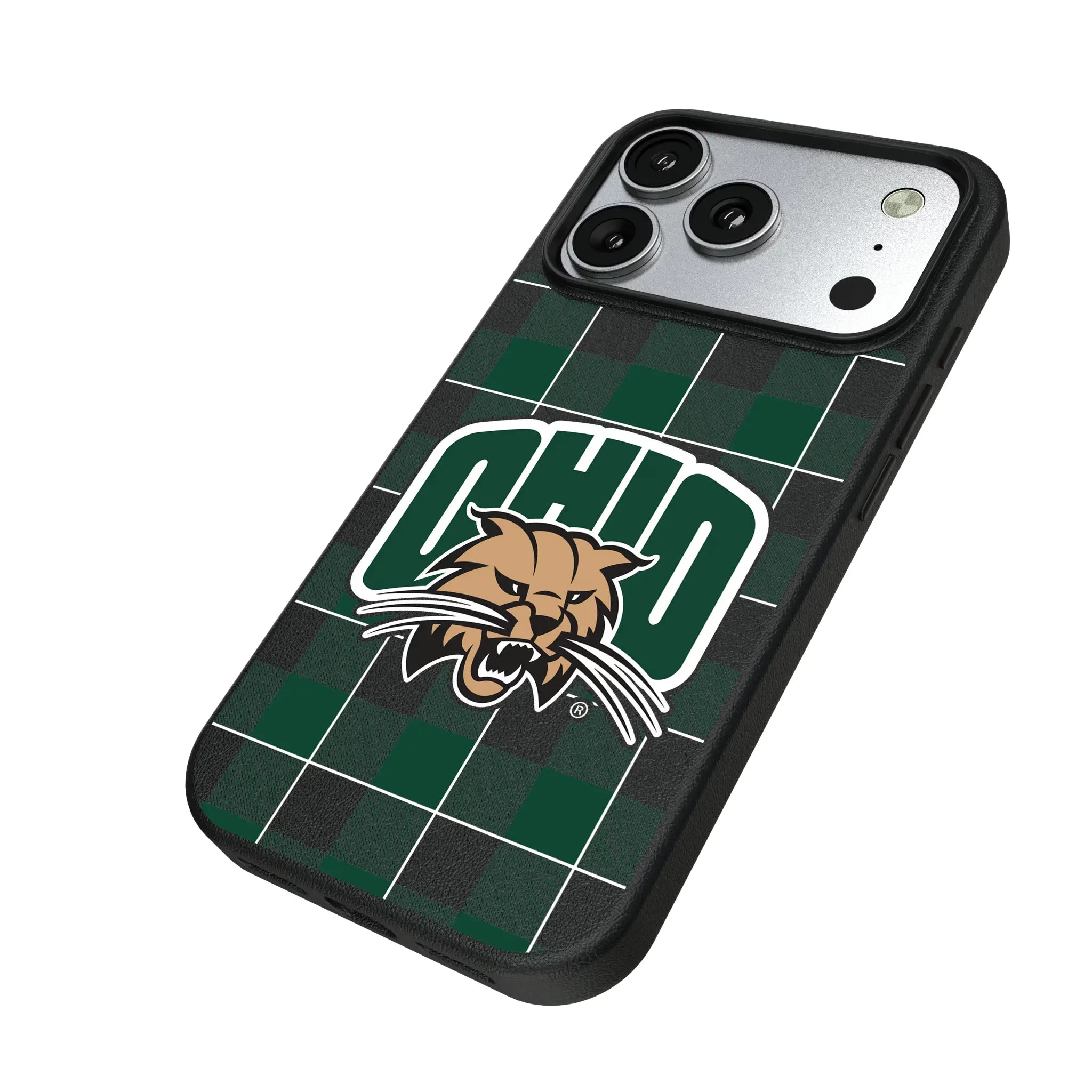 Ohio University Bobcats Plaid iPhone MagSafe Compatible Phone Case for Apple iPhone - Isometric View#Device_iPhone 17 Pro