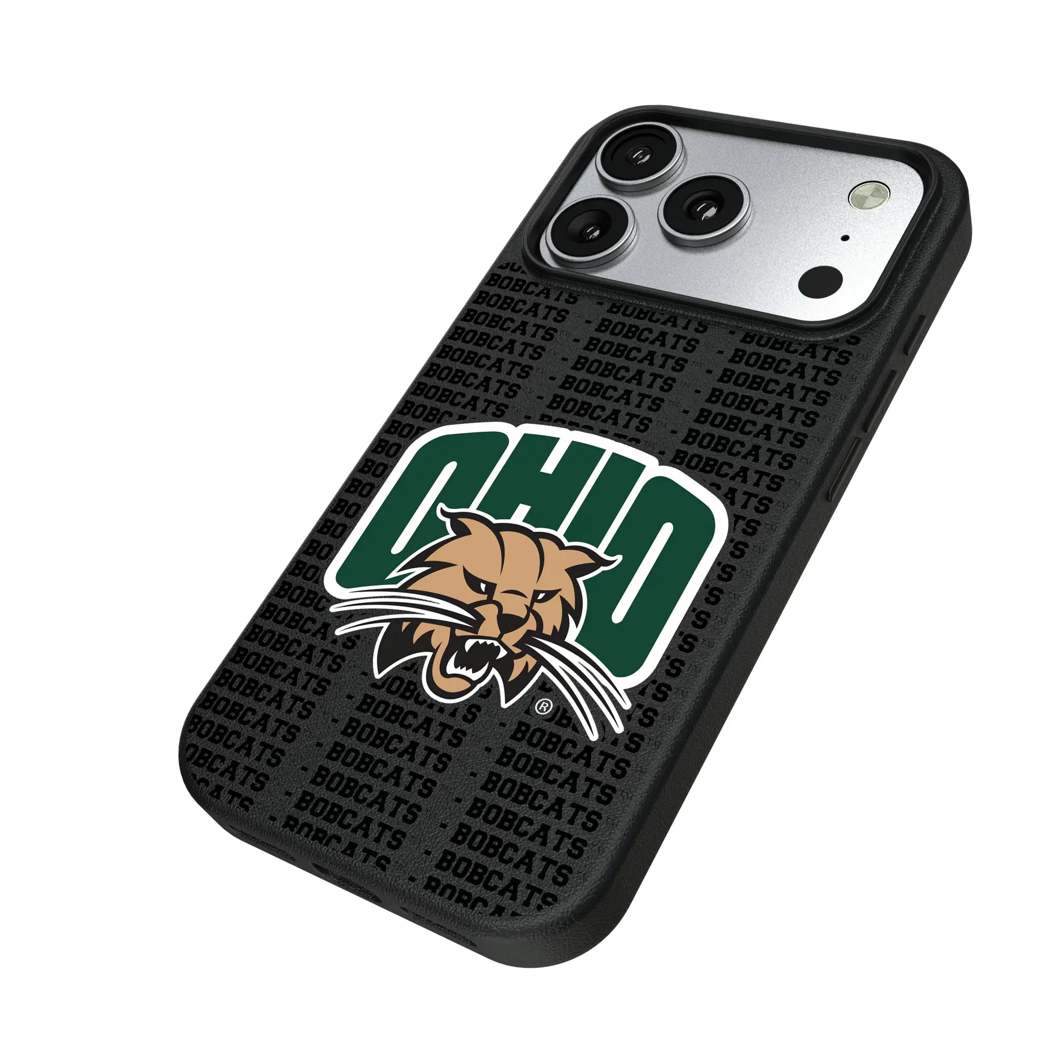 Ohio University Bobcats Text Backdrop iPhone MagSafe Compatible Phone Case for Apple iPhone - Isometric View#Device_iPhone 17 Pro