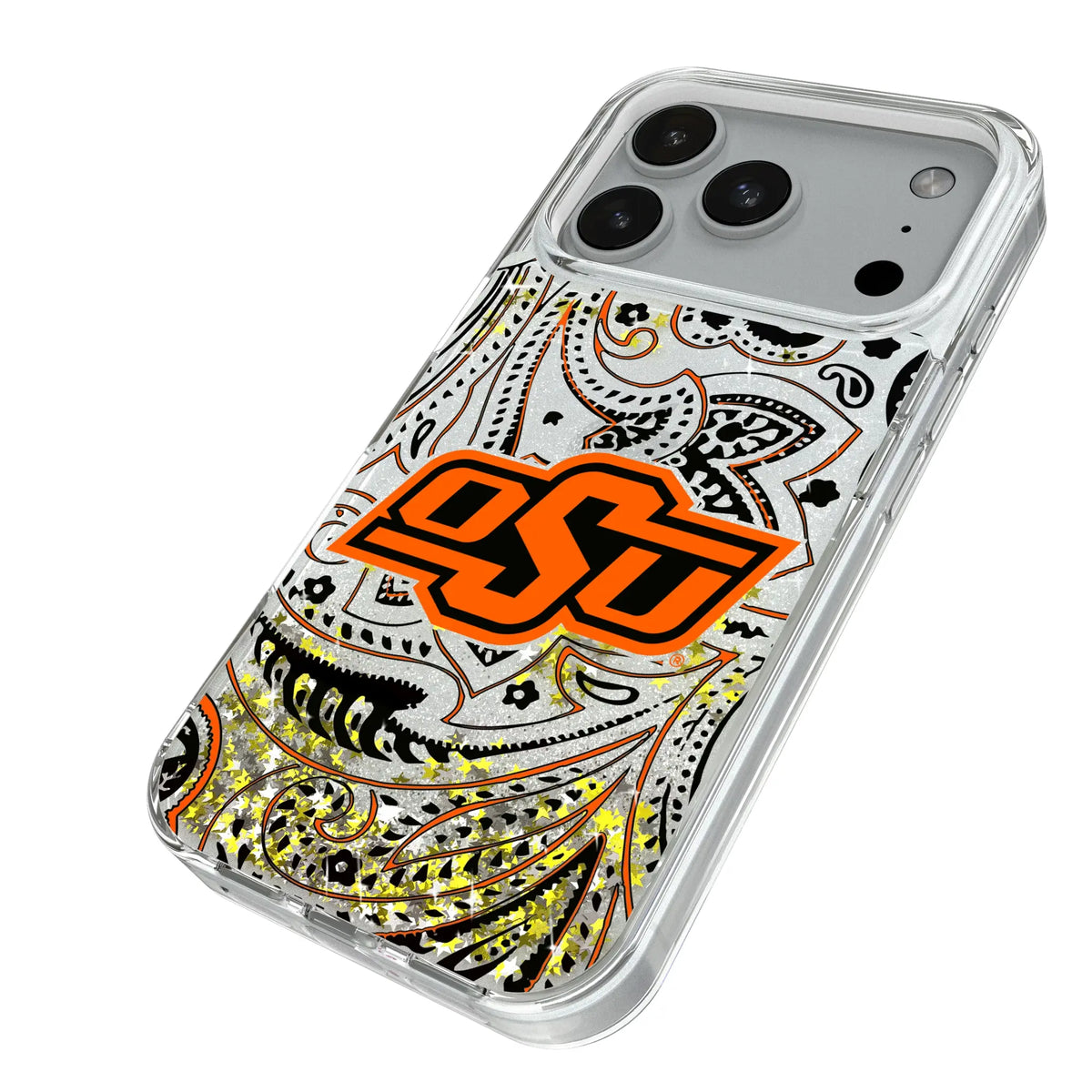 Oklahoma State University Cowboys Paisley iPhone Glitter Phone Case for Apple iPhone - Isometric View#Device_iPhone 18 Pro