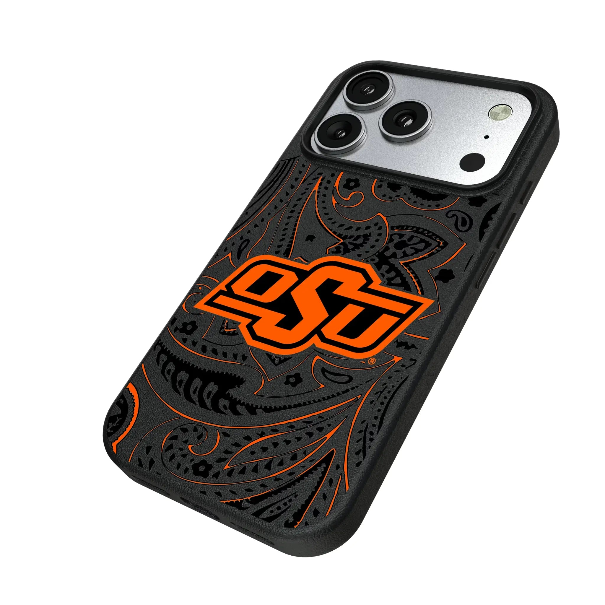 Oklahoma State University Cowboys Paisley iPhone MagSafe Compatible Phone Case for Apple iPhone - Isometric View#Device_iPhone 17 Pro