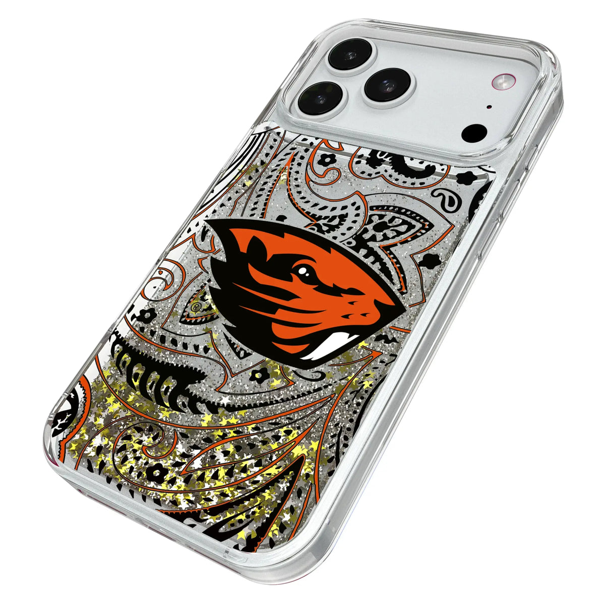 Oregon State University Beavers Paisley iPhone Glitter Phone Case for Apple iPhone - Isometric View#Device_iPhone 18 Pro Max