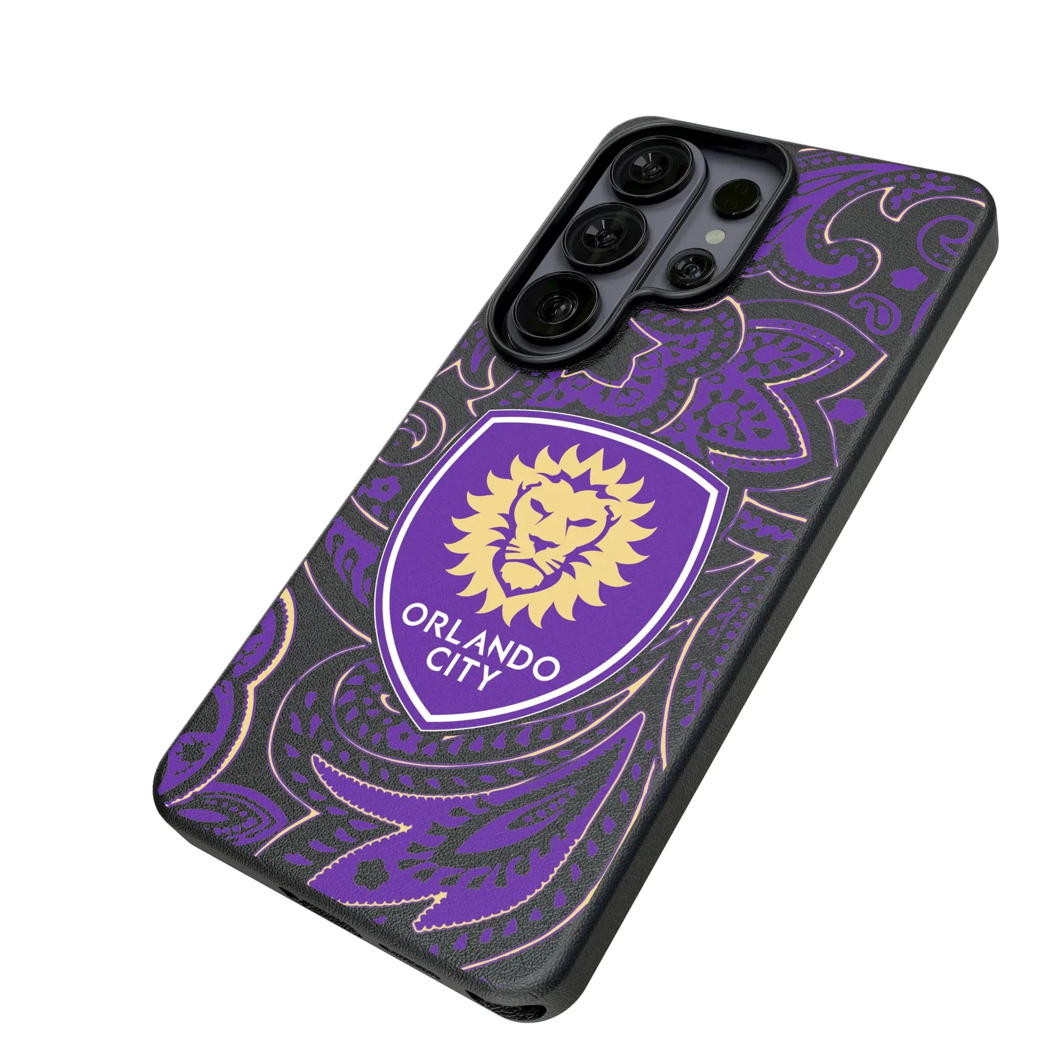 Orlando City Soccer Club Paisley Galaxy MagSafe Compatible Phone Case for Samsung Galaxy - Isometric View#Device_Galaxy S26 Ultra