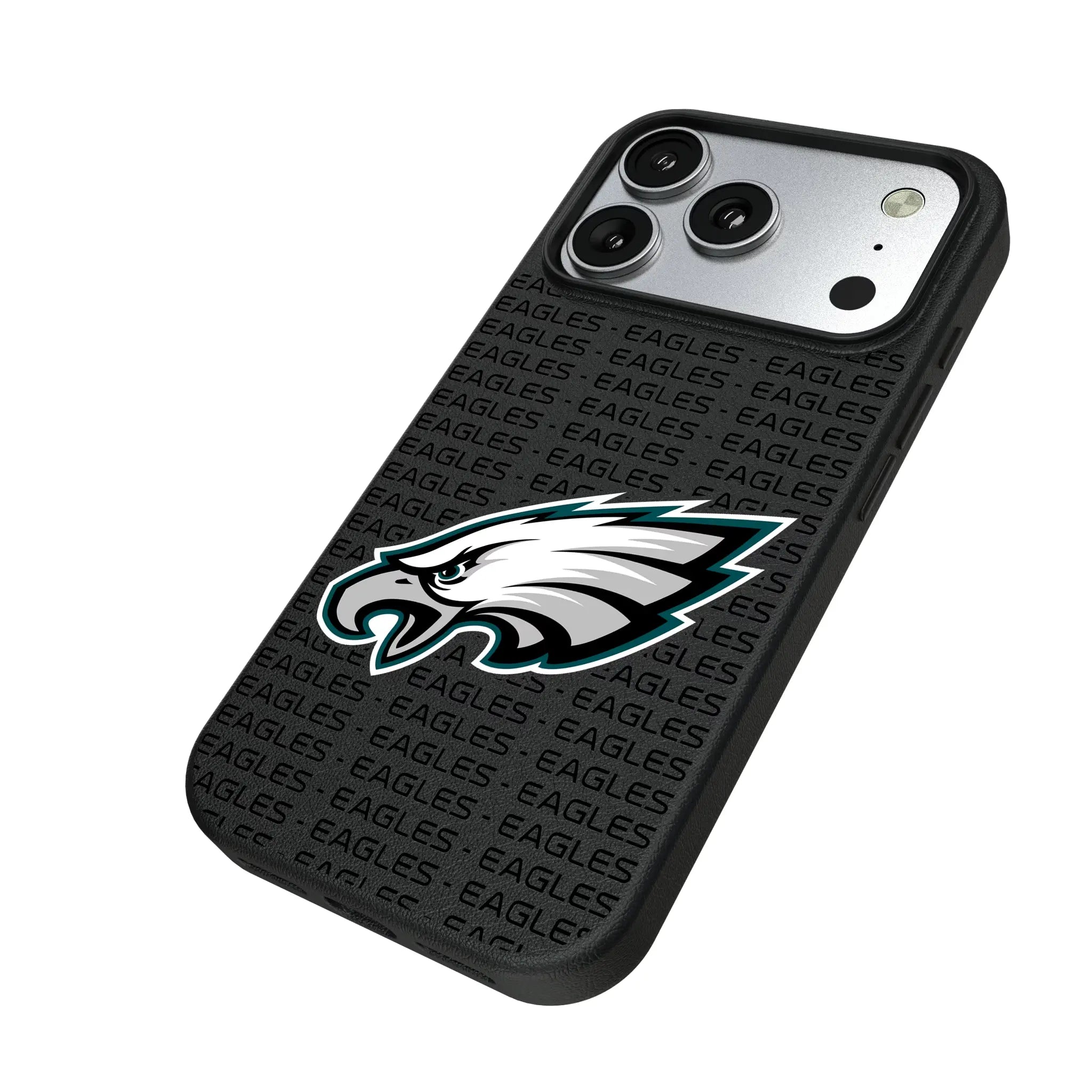 Philadelphia Eagles Text Backdrop iPhone MagSafe Compatible Phone Case for Apple iPhone - Isometric View#Device_iPhone 17 Pro