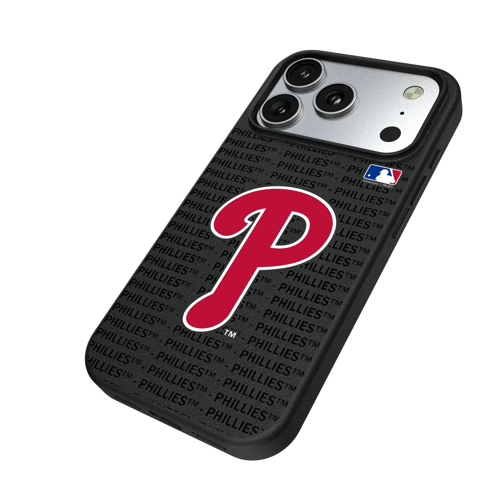 Philadelphia Phillies Text Backdrop iPhone MagSafe Compatible Phone Case for Apple iPhone - Isometric View#Device_iPhone 17 Pro