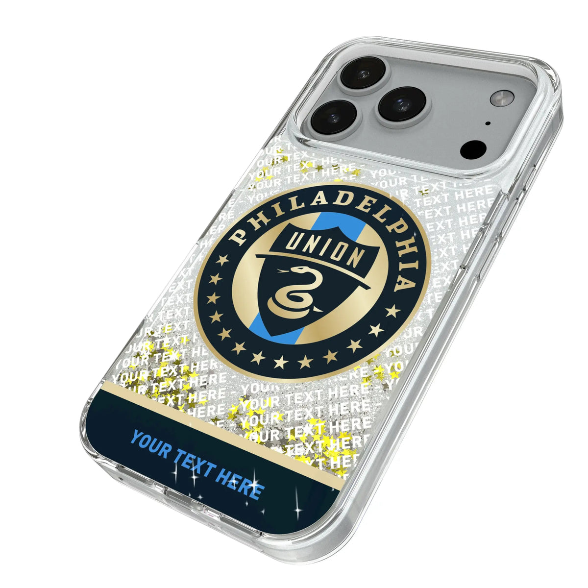 Philadelphia Union Personalized EndZone Plus iPhone Glitter Phone Case for Apple iPhone - Isometric View#Device_iPhone 18 Pro