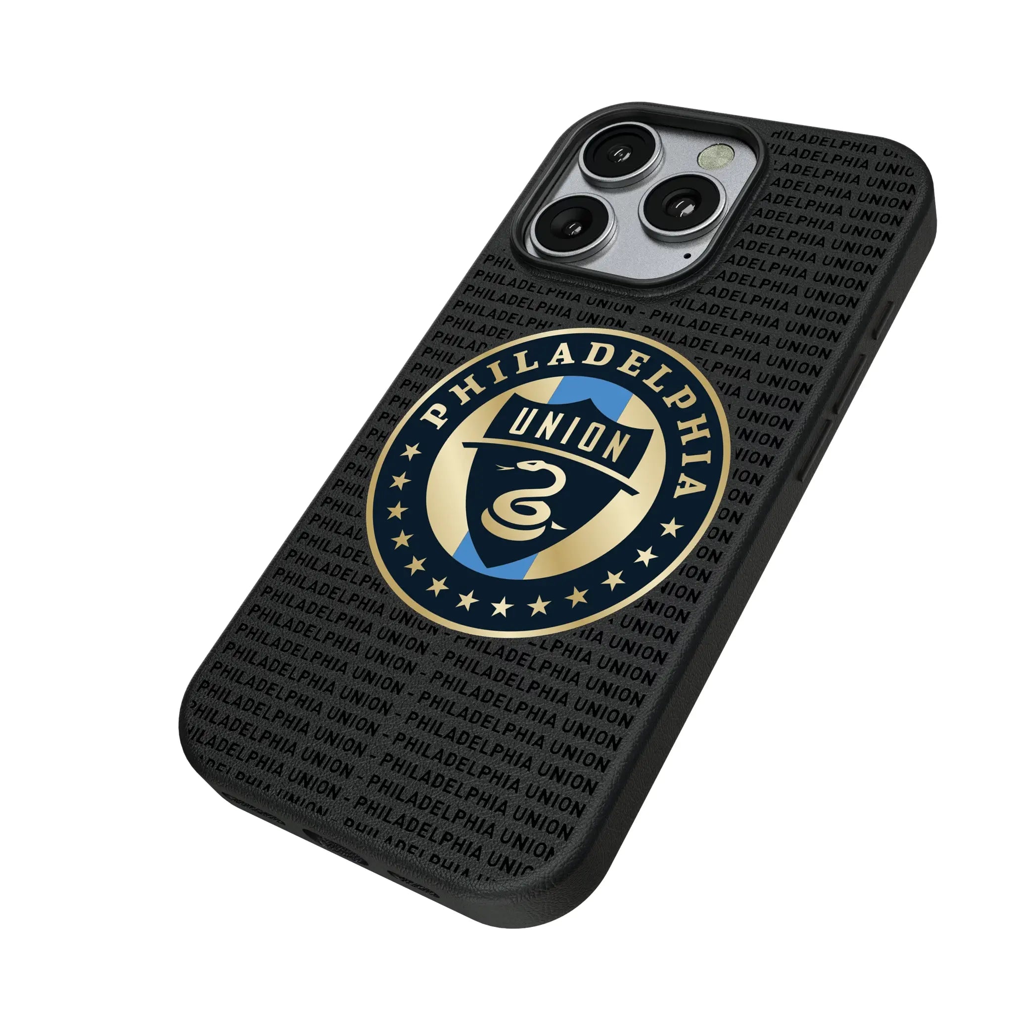 Philadelphia Union Text Backdrop iPhone MagSafe Compatible Phone Case for Apple iPhone - Isometric View