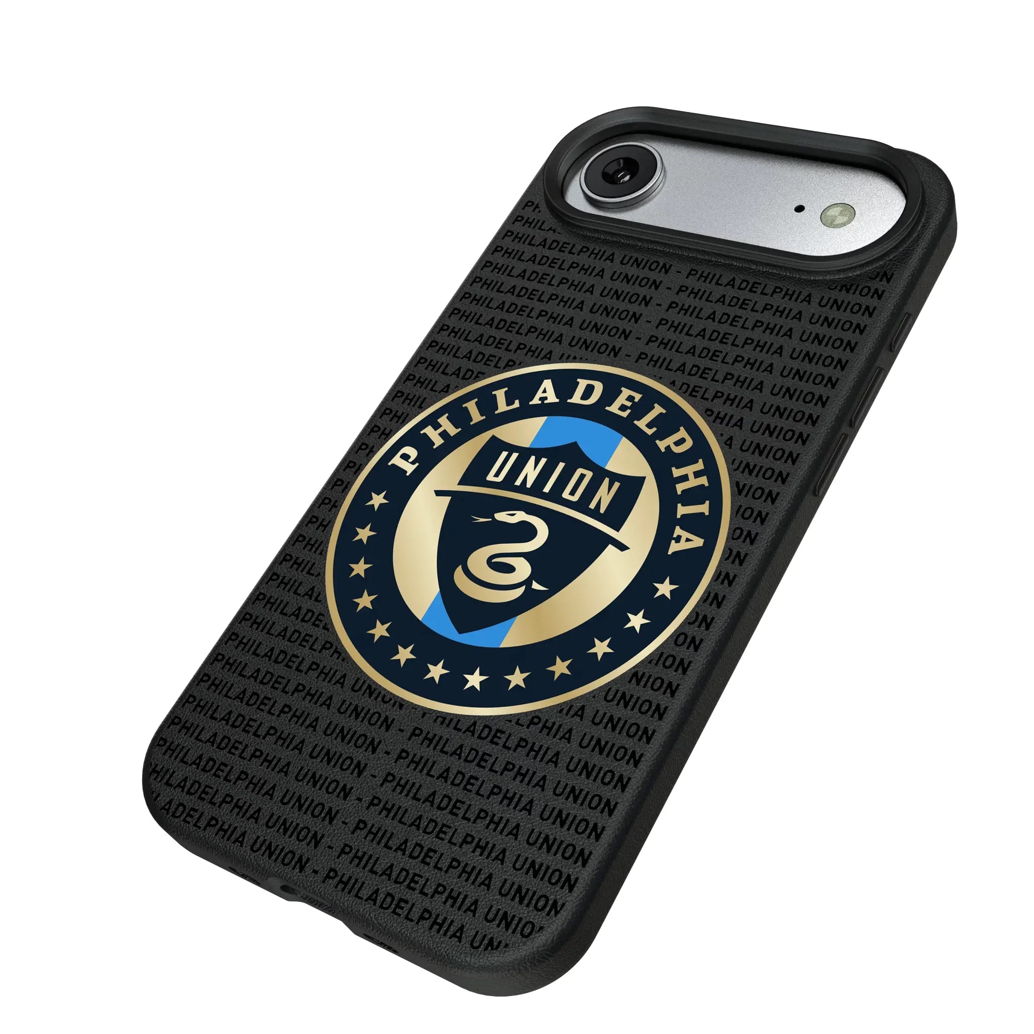 Philadelphia Union Text Backdrop iPhone MagSafe Compatible Phone Case for Apple iPhone - Isometric View#Device_iPhone Air