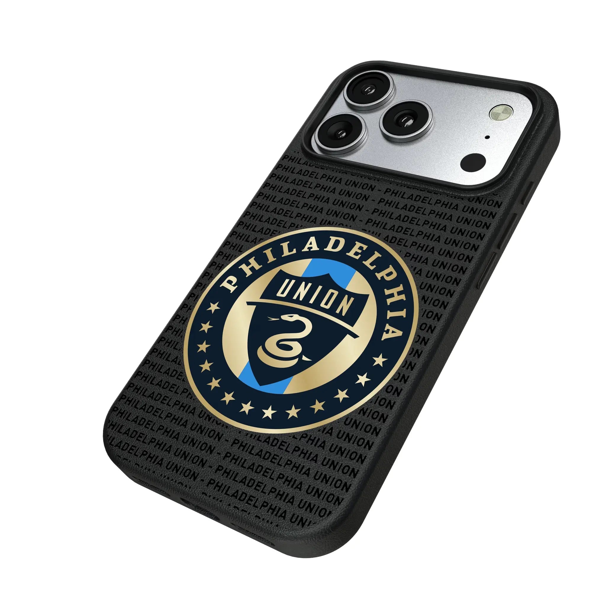 Philadelphia Union Text Backdrop iPhone MagSafe Compatible Phone Case for Apple iPhone - Isometric View#Device_iPhone 17 Pro