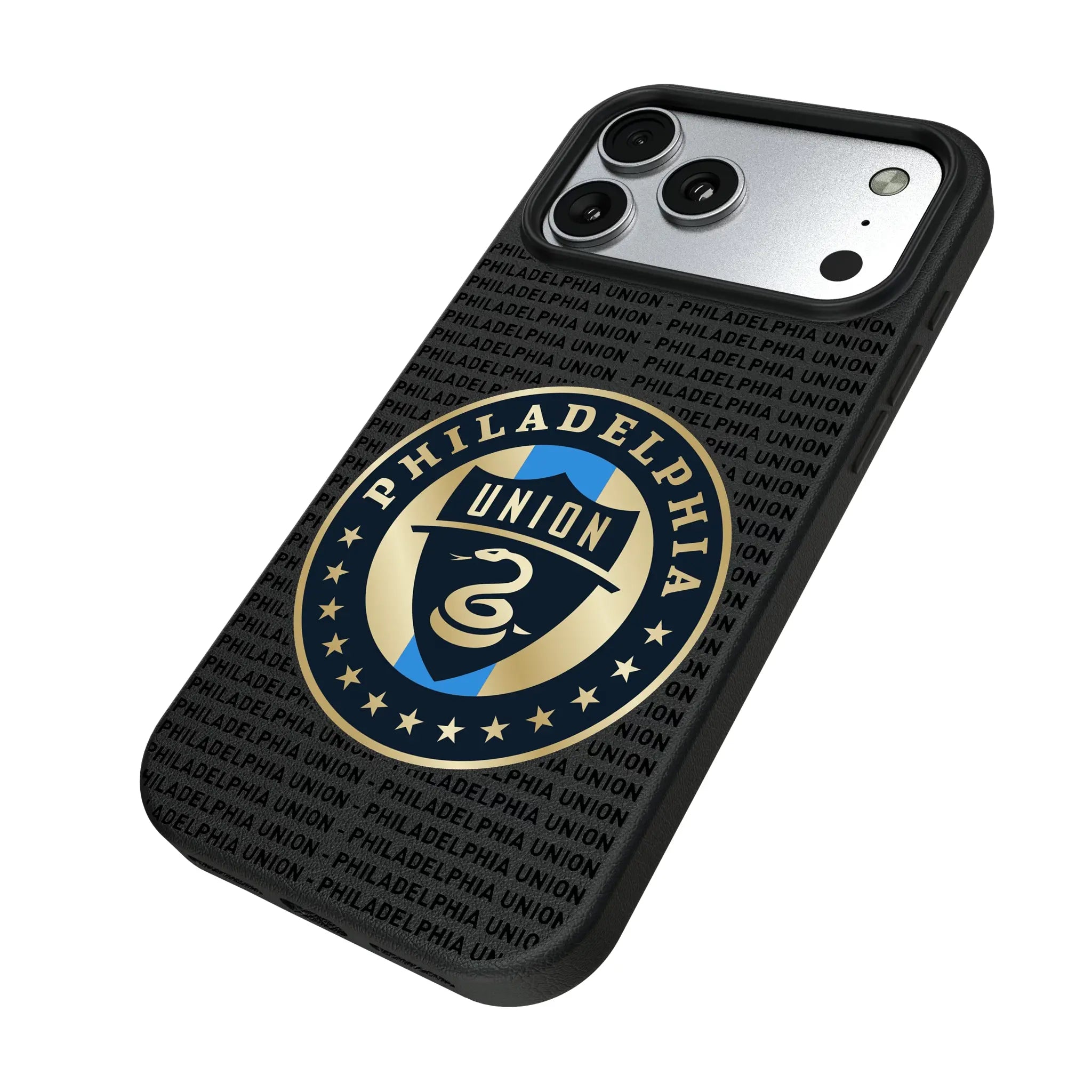 Philadelphia Union Text Backdrop iPhone MagSafe Compatible Phone Case for Apple iPhone - Isometric View#Device_iPhone 17 Pro Max