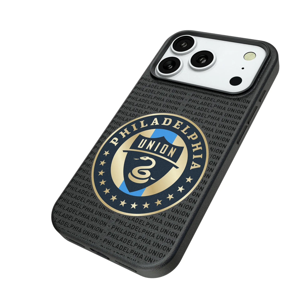 Philadelphia Union Text Backdrop iPhone MagSafe Compatible Phone Case for Apple iPhone - Isometric View#Device_iPhone 18 Pro