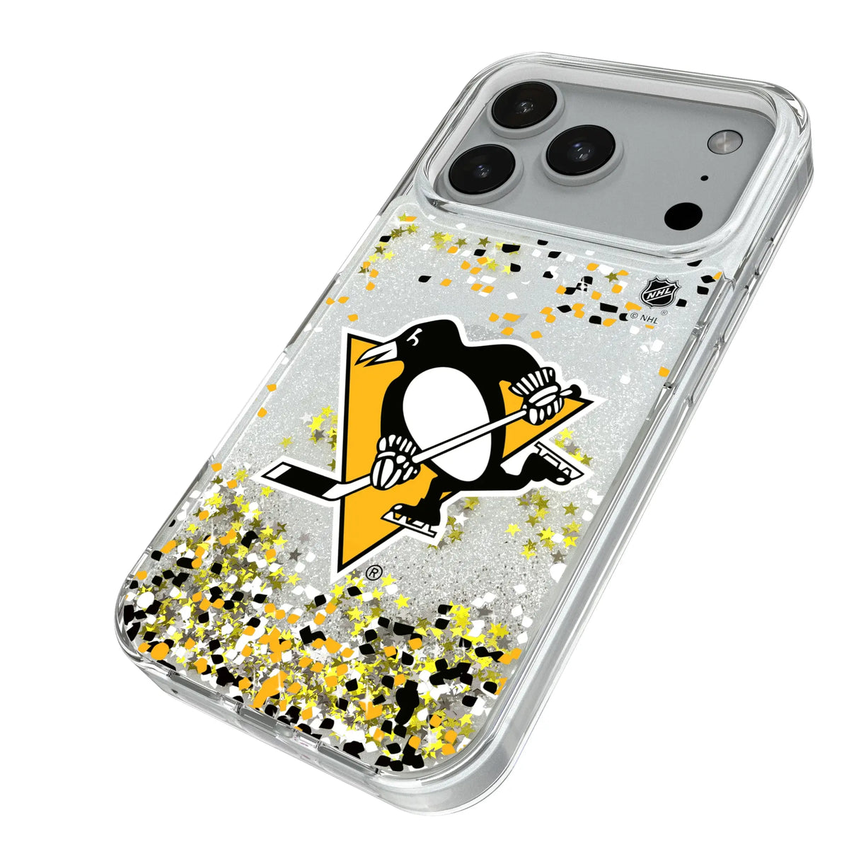 Pittsburgh Penguins Confetti iPhone Glitter Phone Case for Apple iPhone - Isometric View#Device_iPhone 18 Pro
