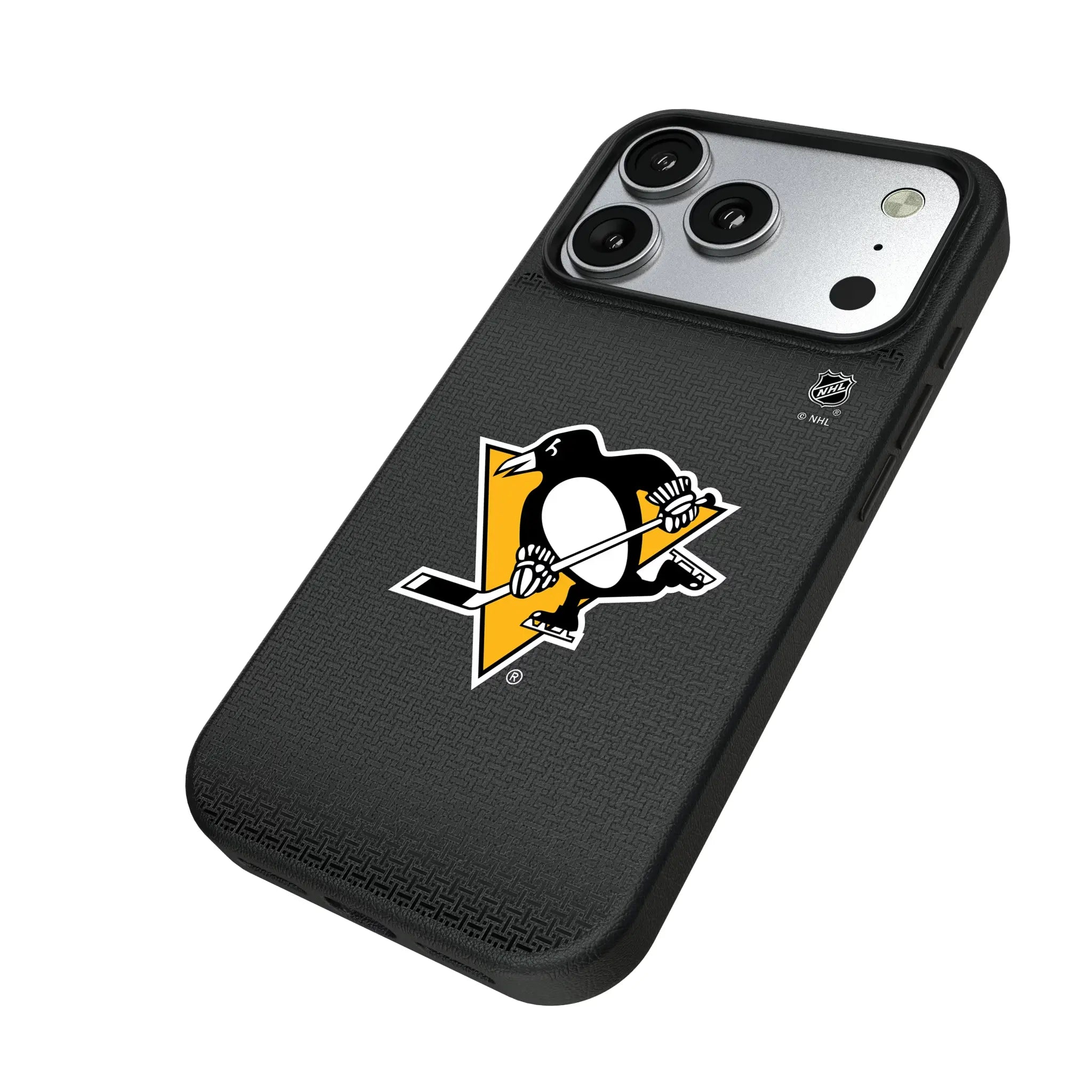 Pittsburgh Penguins Linen iPhone MagSafe Compatible Phone Case for Apple iPhone - Isometric View#Device_iPhone 17 Pro