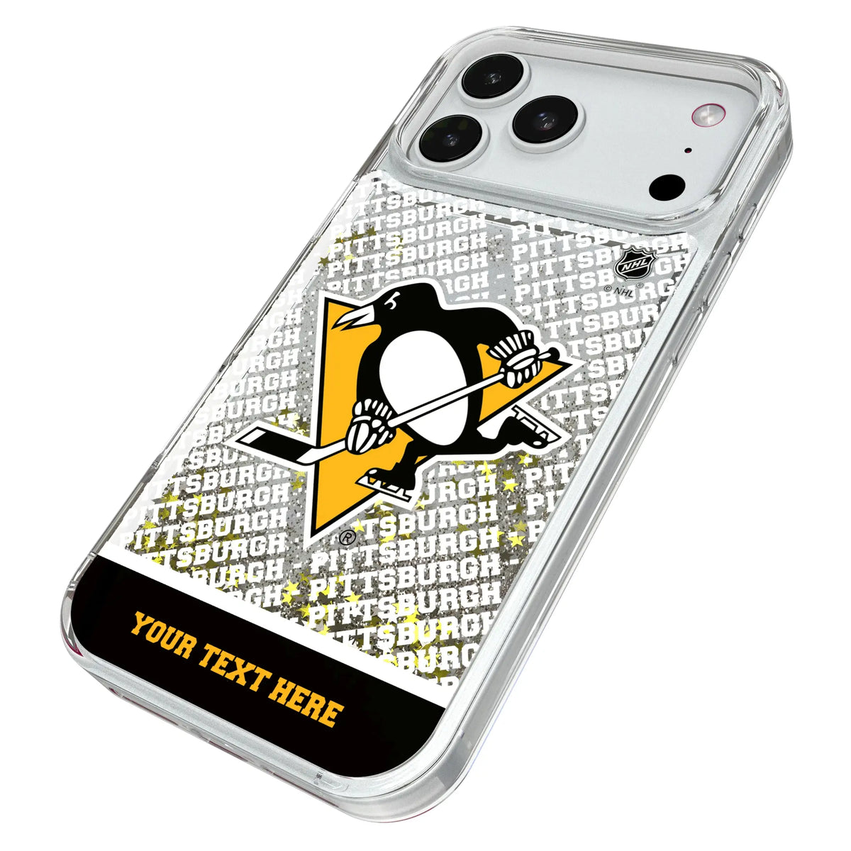 Pittsburgh Penguins Personalized EndZone Plus iPhone Glitter Phone Case for Apple iPhone - Isometric View#Device_iPhone 18 Pro Max
