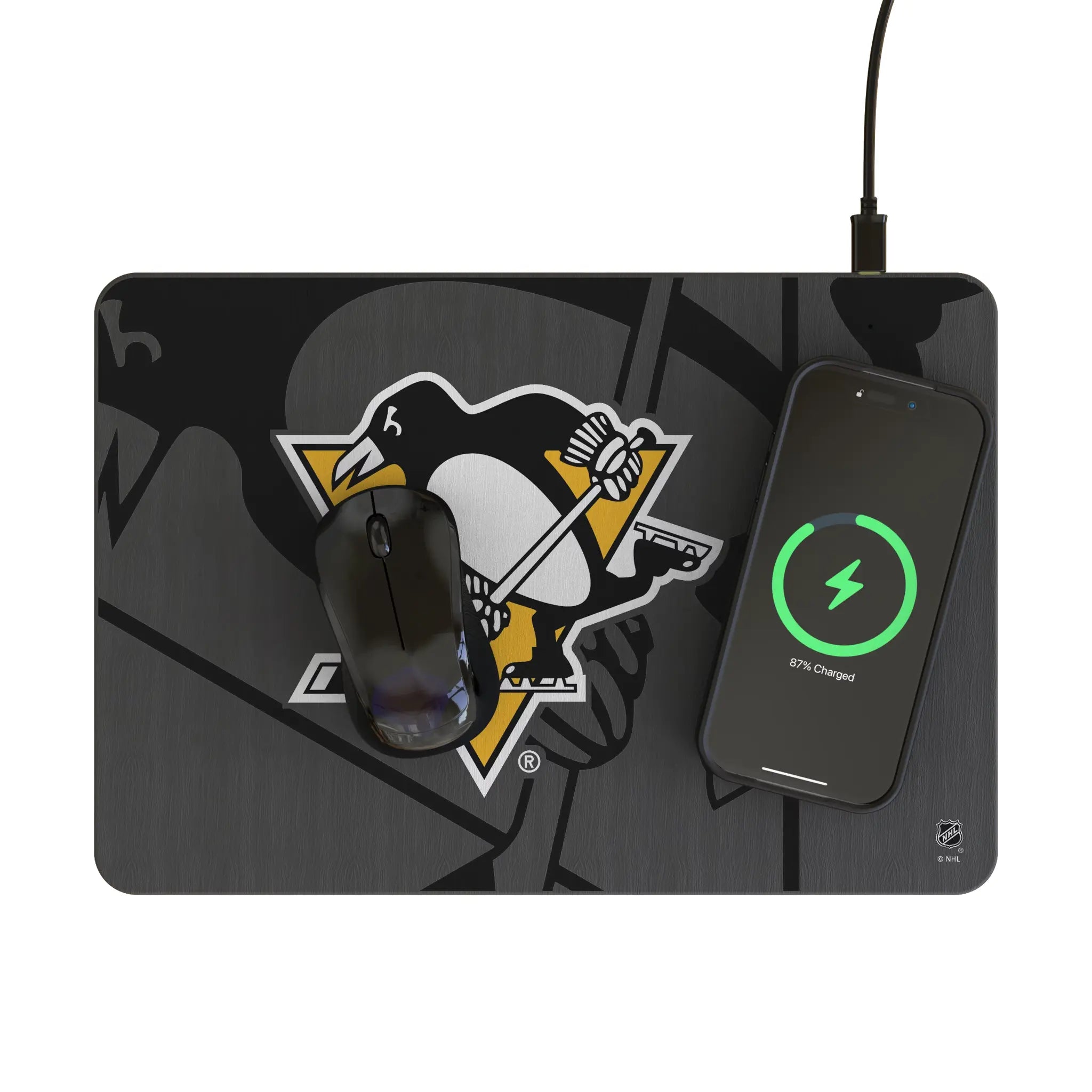Pittsburgh Penguins Personalized Tilt 15-Watt Wireless Charger and Mouse Pad - Lifestyle
