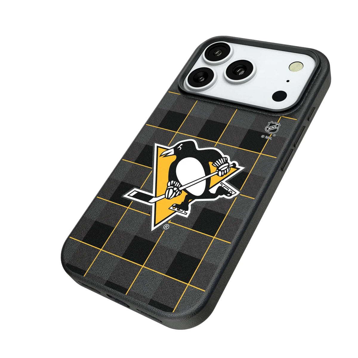 Pittsburgh Penguins Plaid iPhone MagSafe Compatible Phone Case for Apple iPhone - Isometric View#Device_iPhone 18 Pro