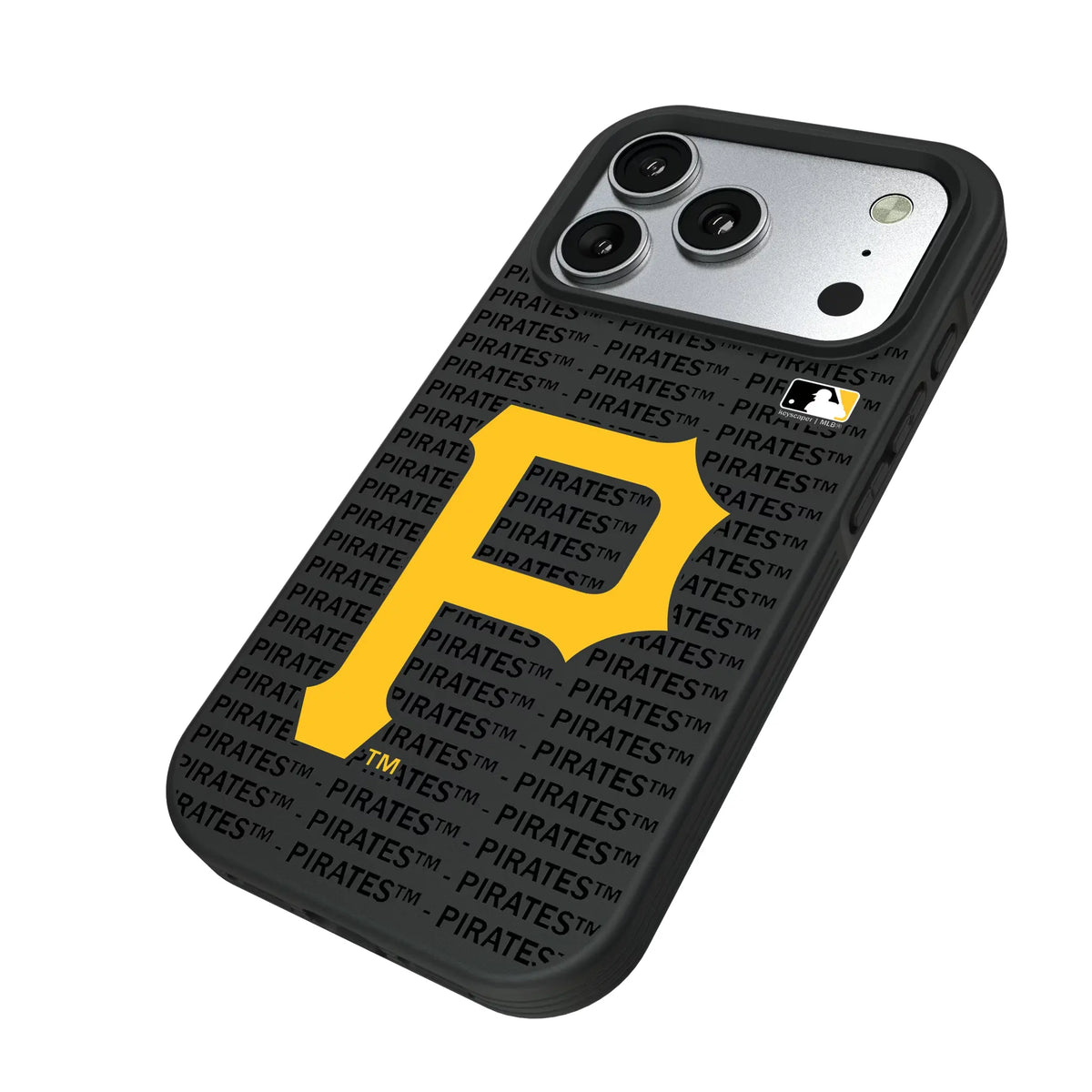 Pittsburgh Pirates Text Backdrop iPhone Bump Phone Case for Apple iPhone - Isometric View#Device_iPhone 17 Pro