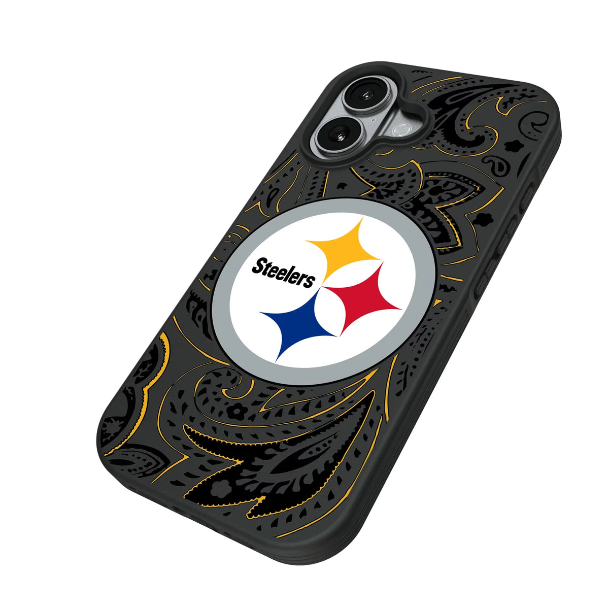 Pittsburgh Steelers Paisley iPhone Bump Phone Case for Apple iPhone - Isometric View#Device_iPhone 17