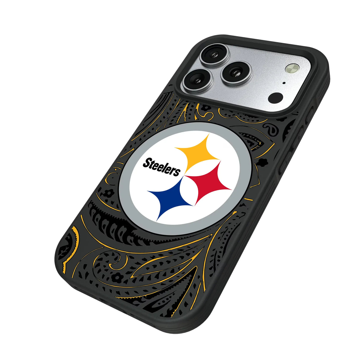 Pittsburgh Steelers Paisley iPhone Bump Phone Case for Apple iPhone - Isometric View#Device_iPhone 17 Pro