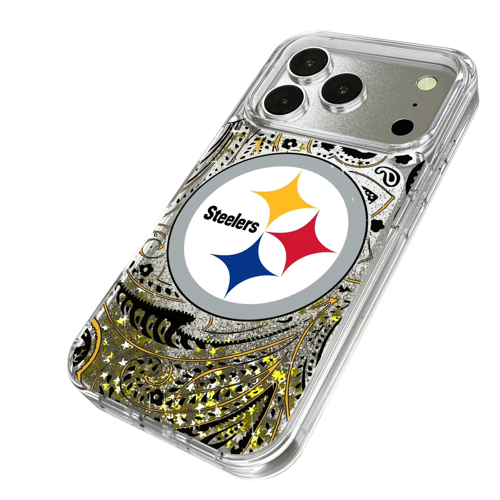 Pittsburgh Steelers Paisley iPhone Glitter Phone Case for Apple iPhone - Isometric View