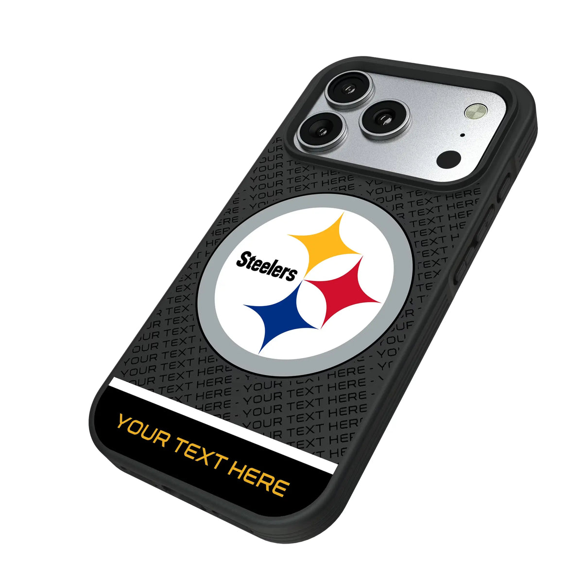 Pittsburgh Steelers Personalized EndZone Plus iPhone Bump Phone Case for Apple iPhone - Isometric View#Device_iPhone 17 Pro