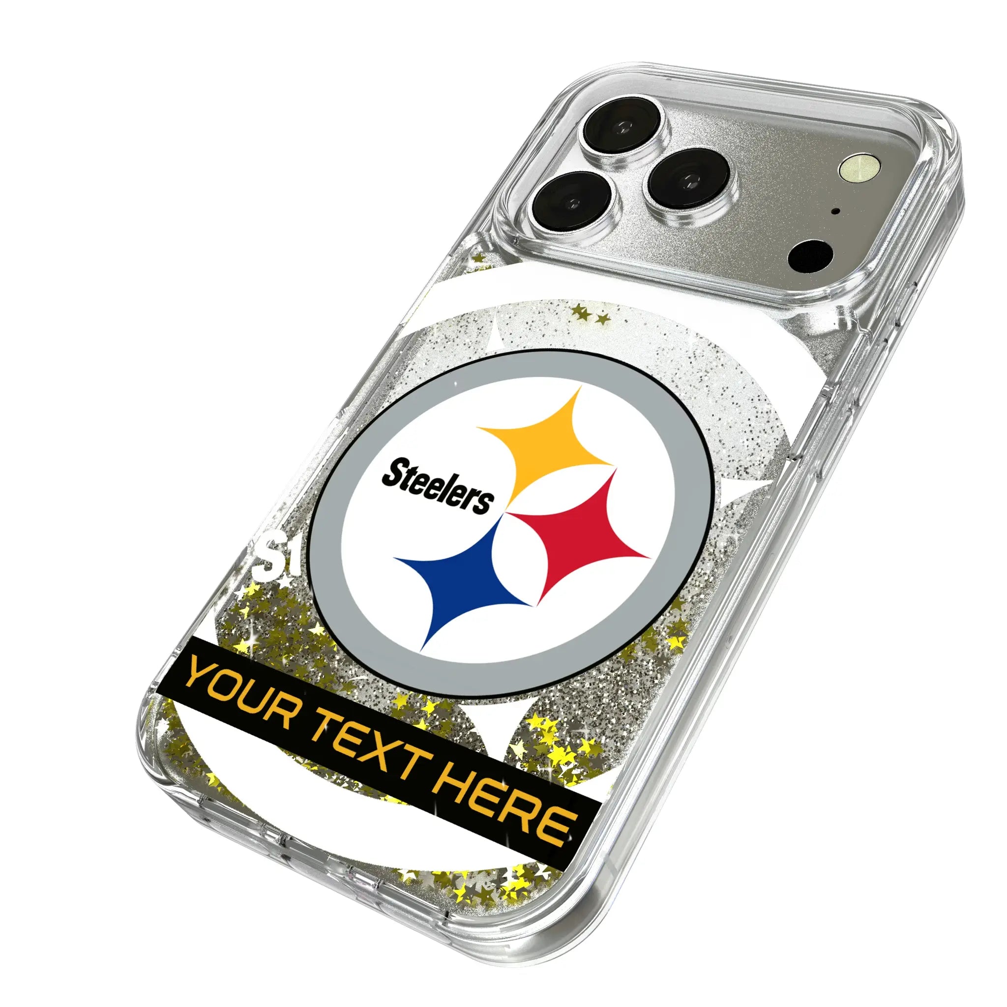Pittsburgh Steelers Personalized Tilt iPhone Glitter Phone Case for Apple iPhone - Isometric View