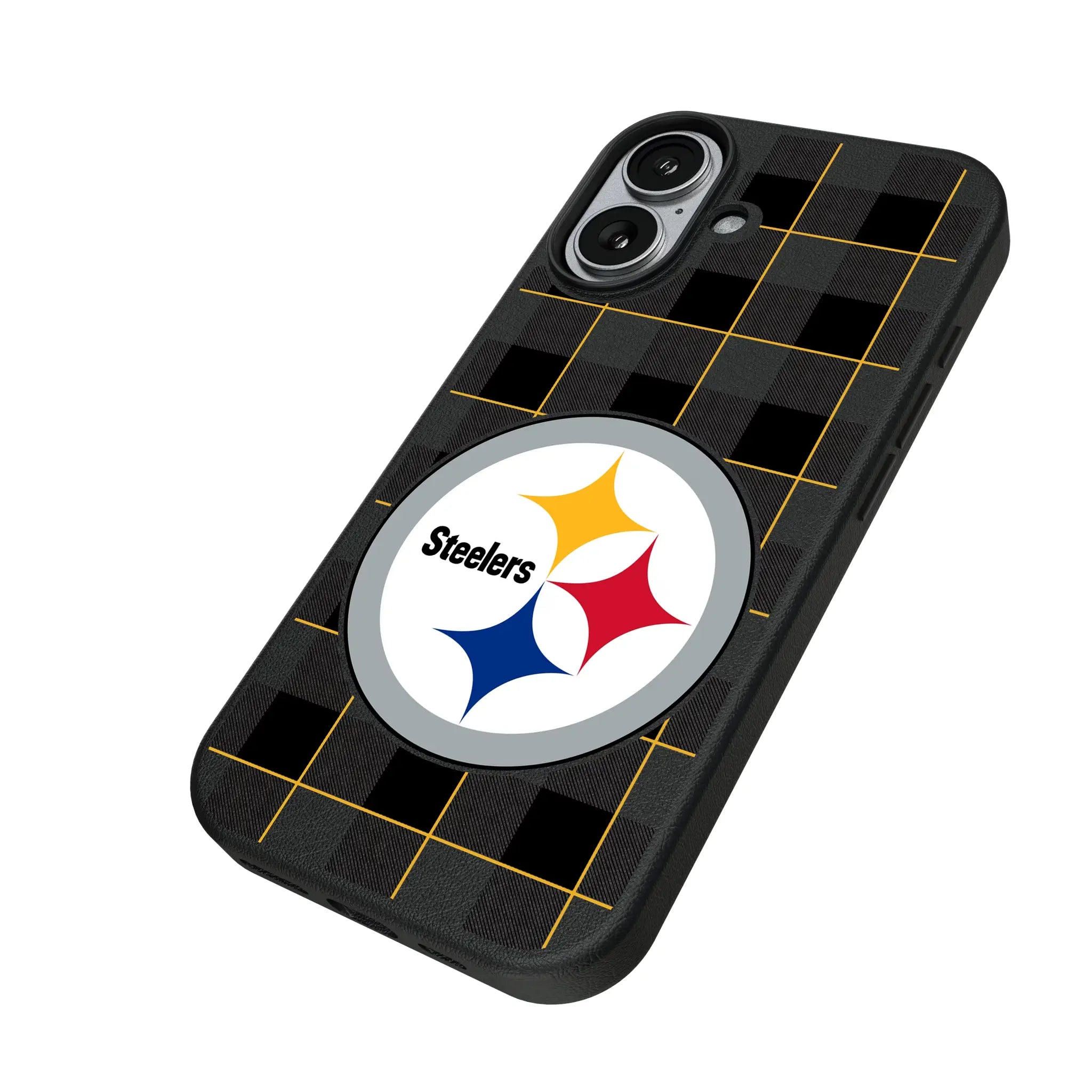 Pittsburgh Steelers Plaid iPhone MagSafe Compatible Phone Case for Apple iPhone - Isometric View#Device_iPhone 17