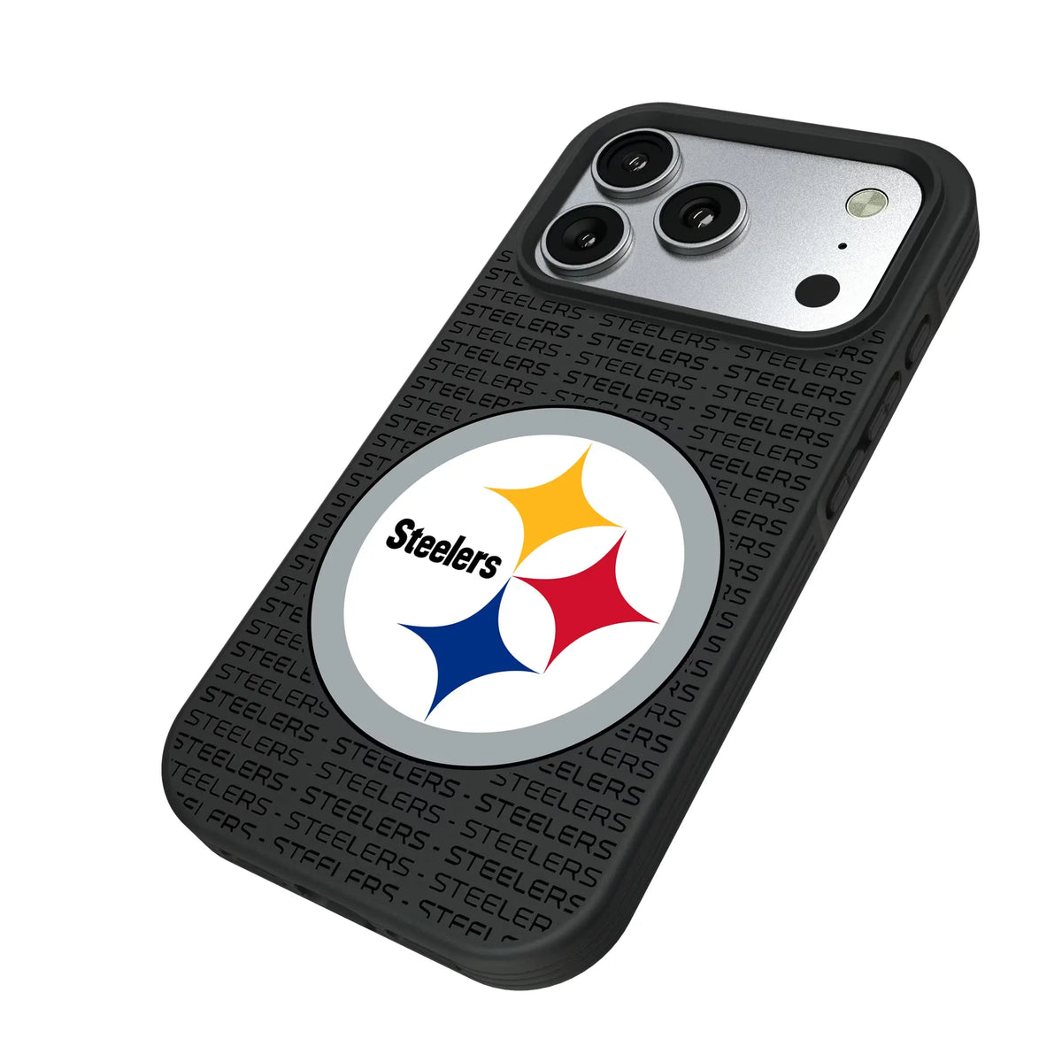 Pittsburgh Steelers Text Backdrop iPhone Bump Phone Case for Apple iPhone - Isometric View#Device_iPhone 17 Pro