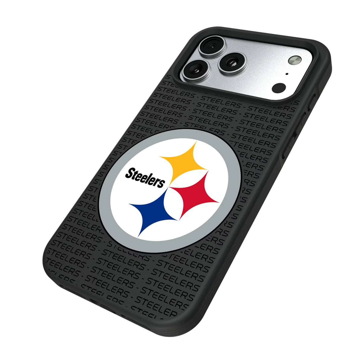 Pittsburgh Steelers Text Backdrop iPhone Bump Phone Case for Apple iPhone - Isometric View#Device_iPhone 17 Pro Max