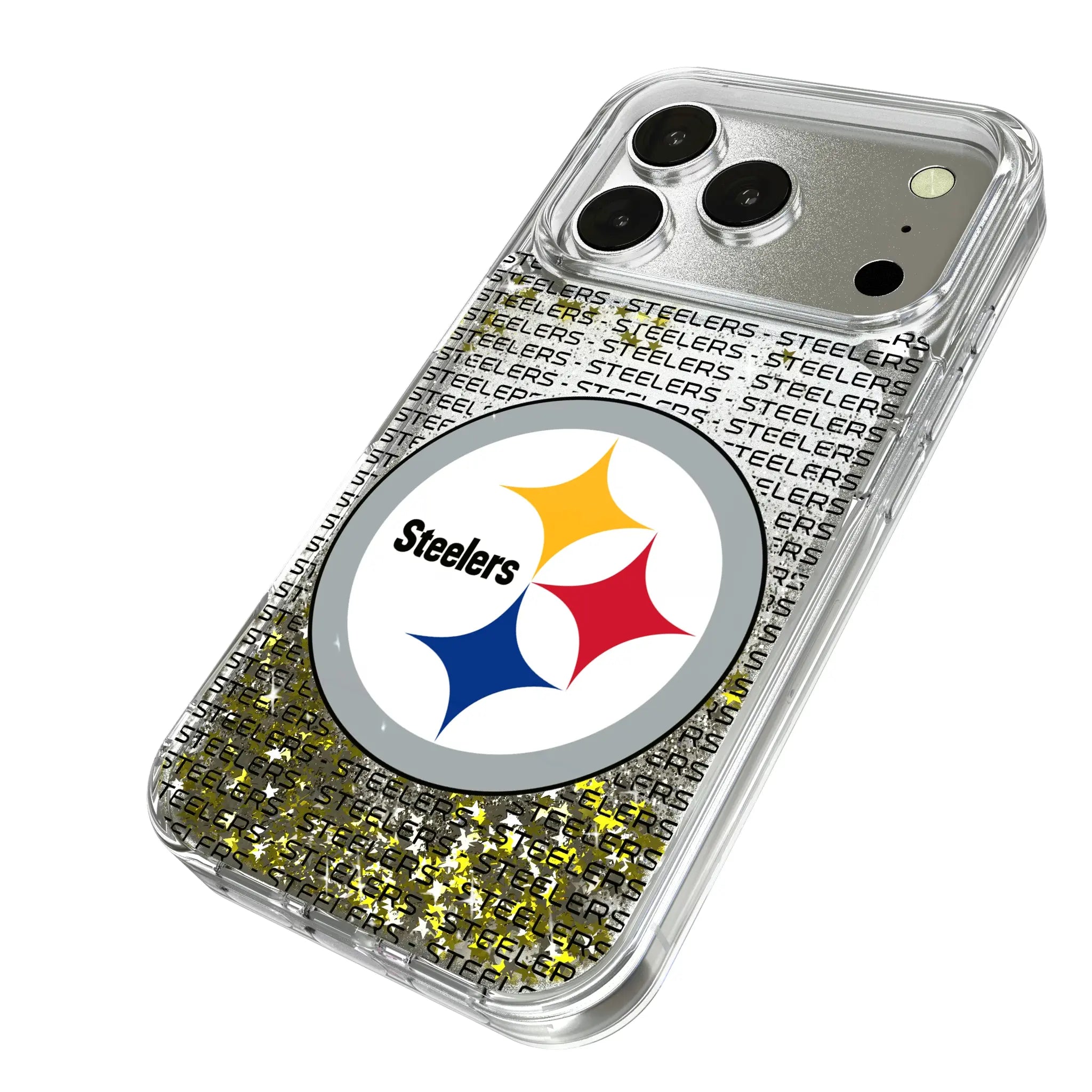 Pittsburgh Steelers Text Backdrop iPhone Glitter Phone Case for Apple iPhone - Isometric View