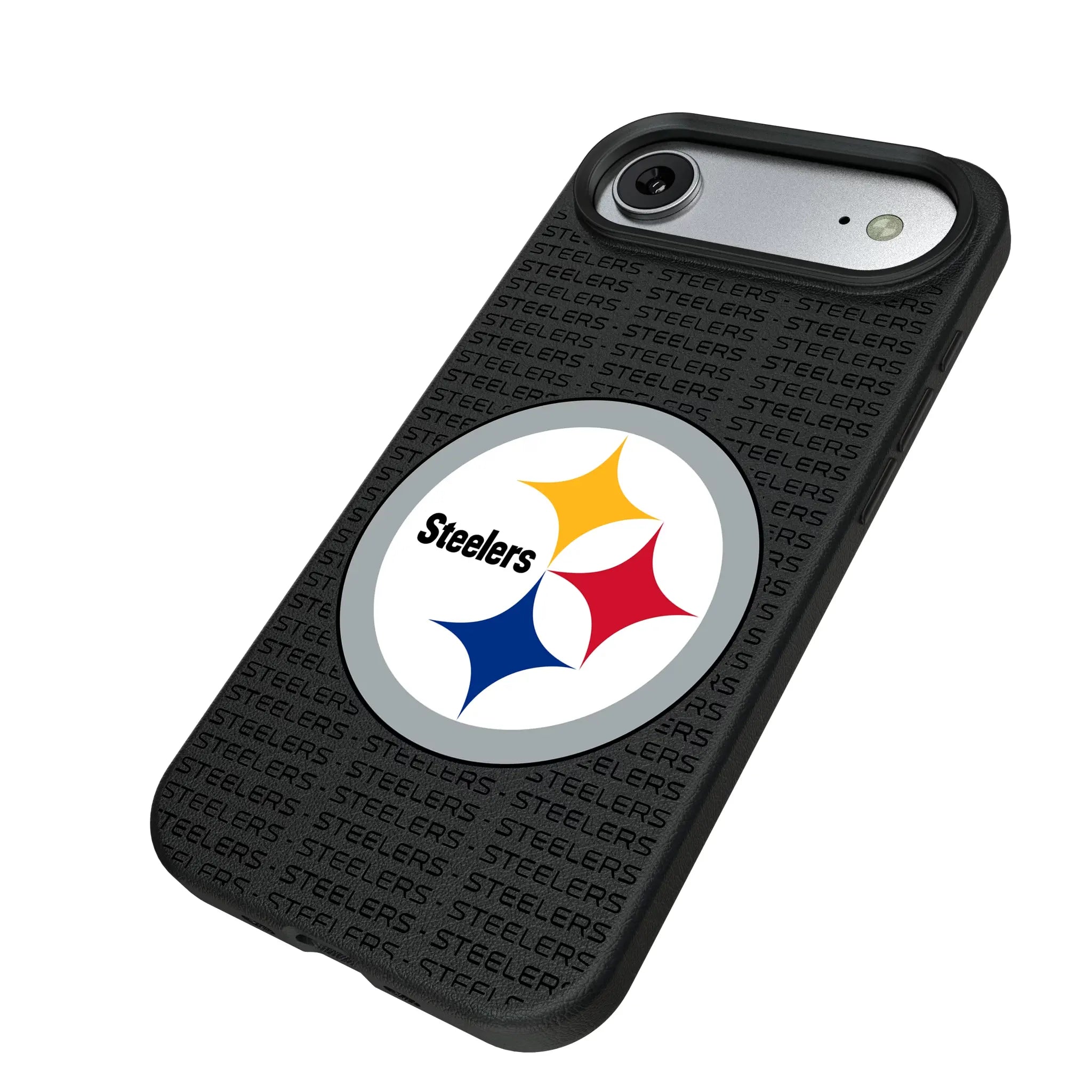 Pittsburgh Steelers Text Backdrop iPhone MagSafe Compatible Phone Case for Apple iPhone - Isometric View#Device_iPhone Air