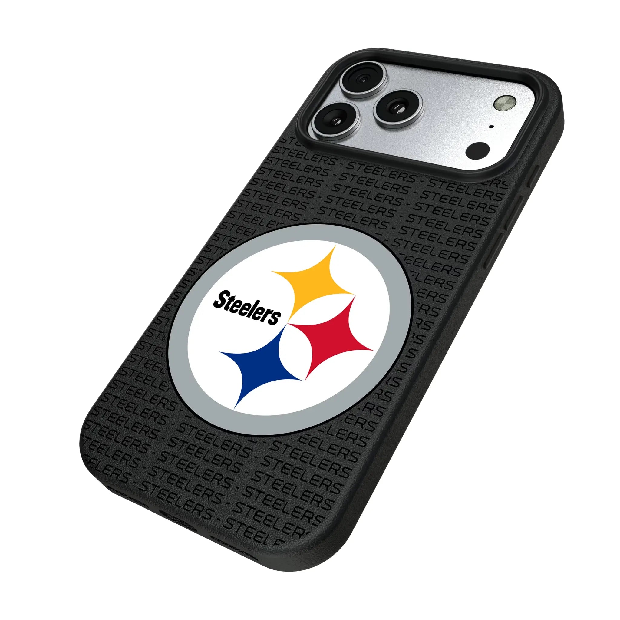 Pittsburgh Steelers Text Backdrop iPhone MagSafe Compatible Phone Case for Apple iPhone - Isometric View#Device_iPhone 17 Pro Max