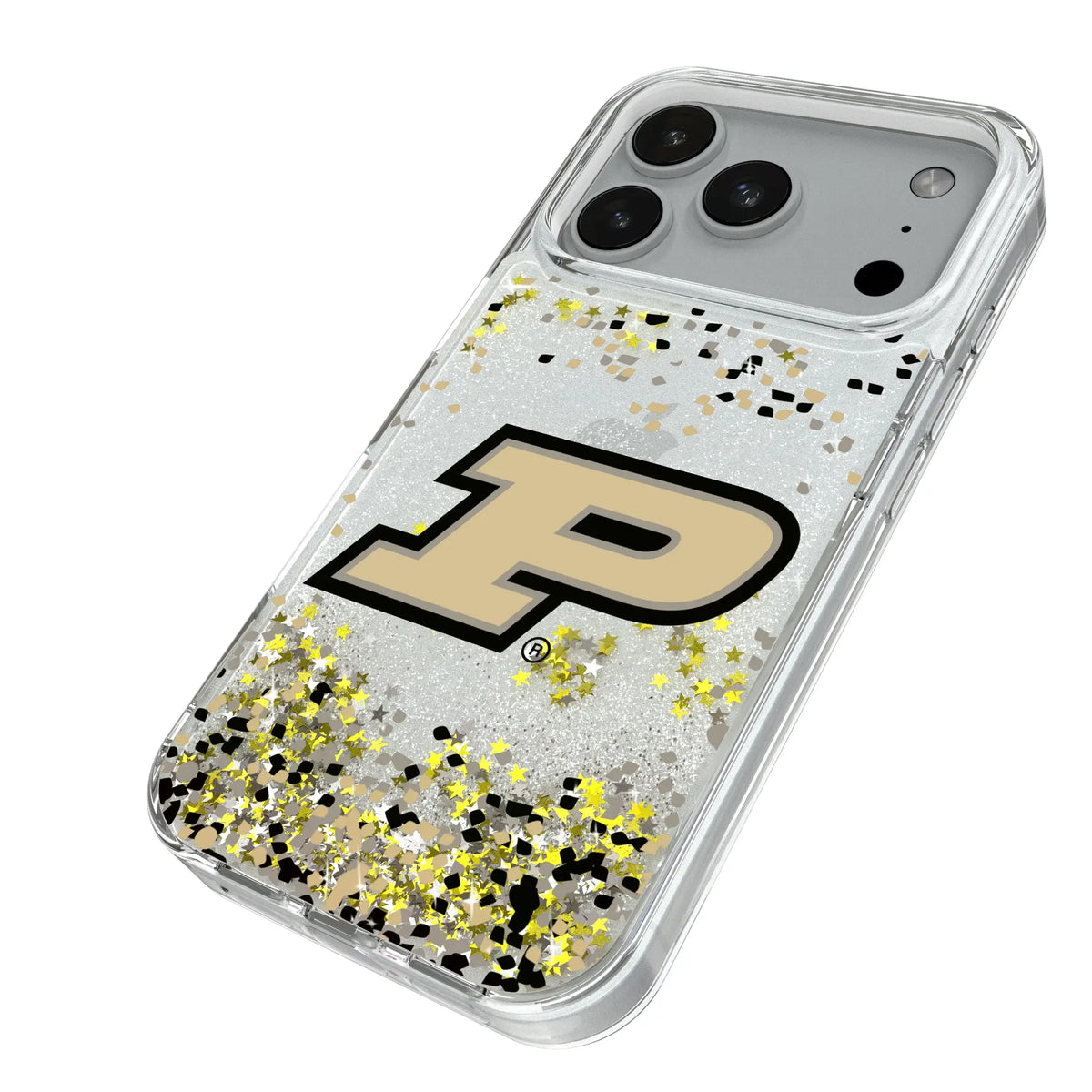 Purdue University Boilermakers Confetti iPhone Glitter Phone Case for Apple iPhone - Isometric View#Device_iPhone 18 Pro
