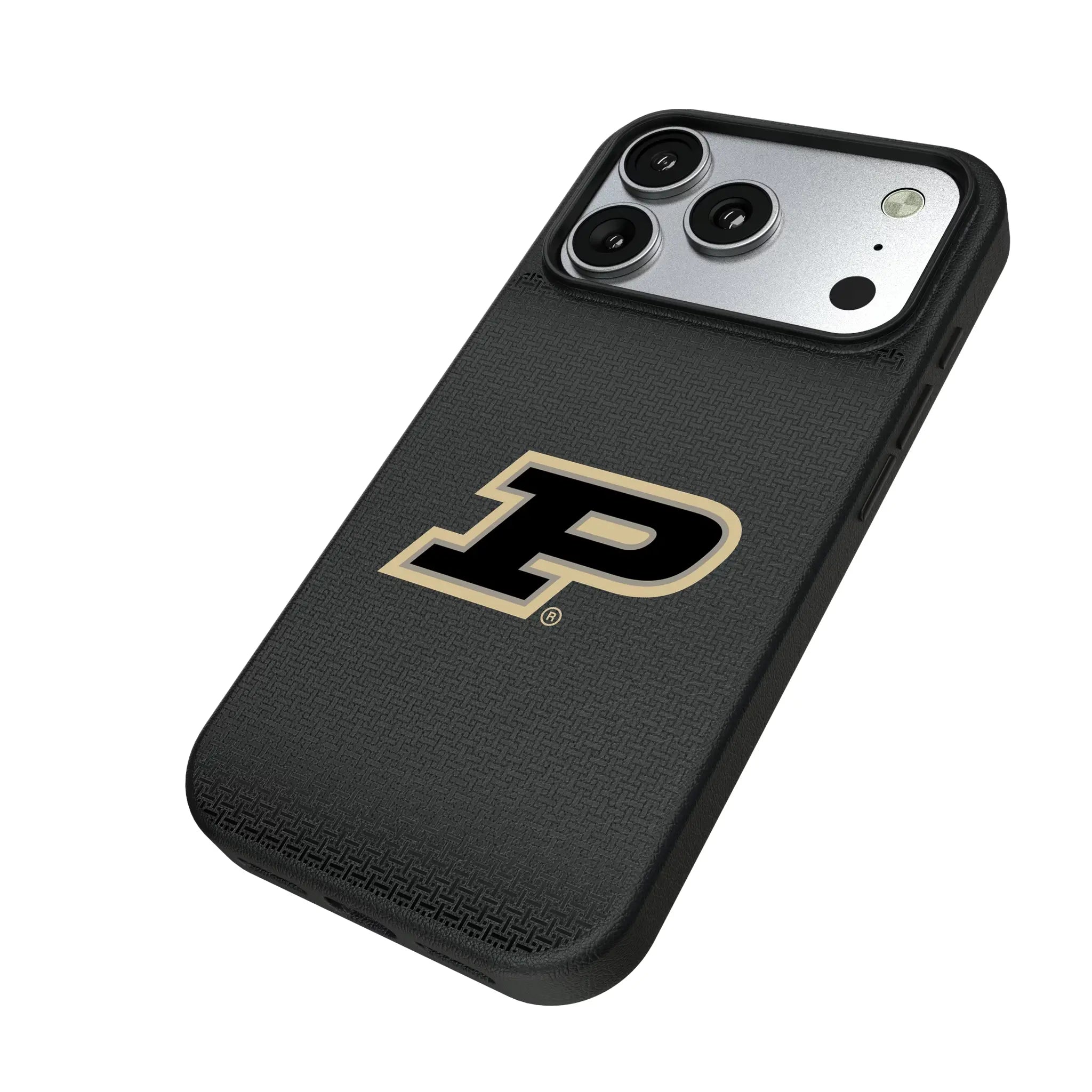 Purdue University Boilermakers Linen iPhone MagSafe Compatible Phone Case for Apple iPhone - Isometric View#Device_iPhone 17 Pro