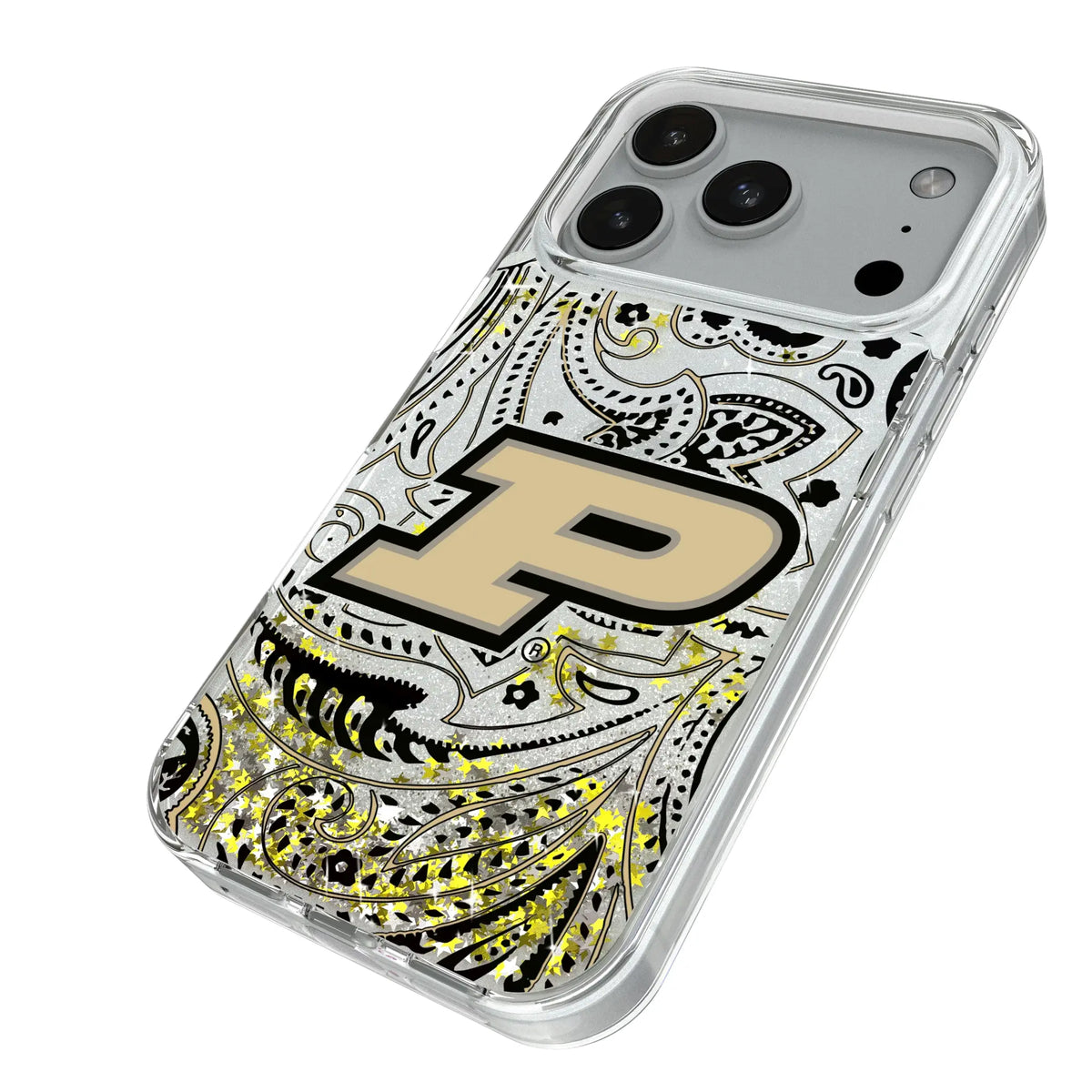 Purdue University Boilermakers Paisley iPhone Glitter Phone Case for Apple iPhone - Isometric View#Device_iPhone 18 Pro