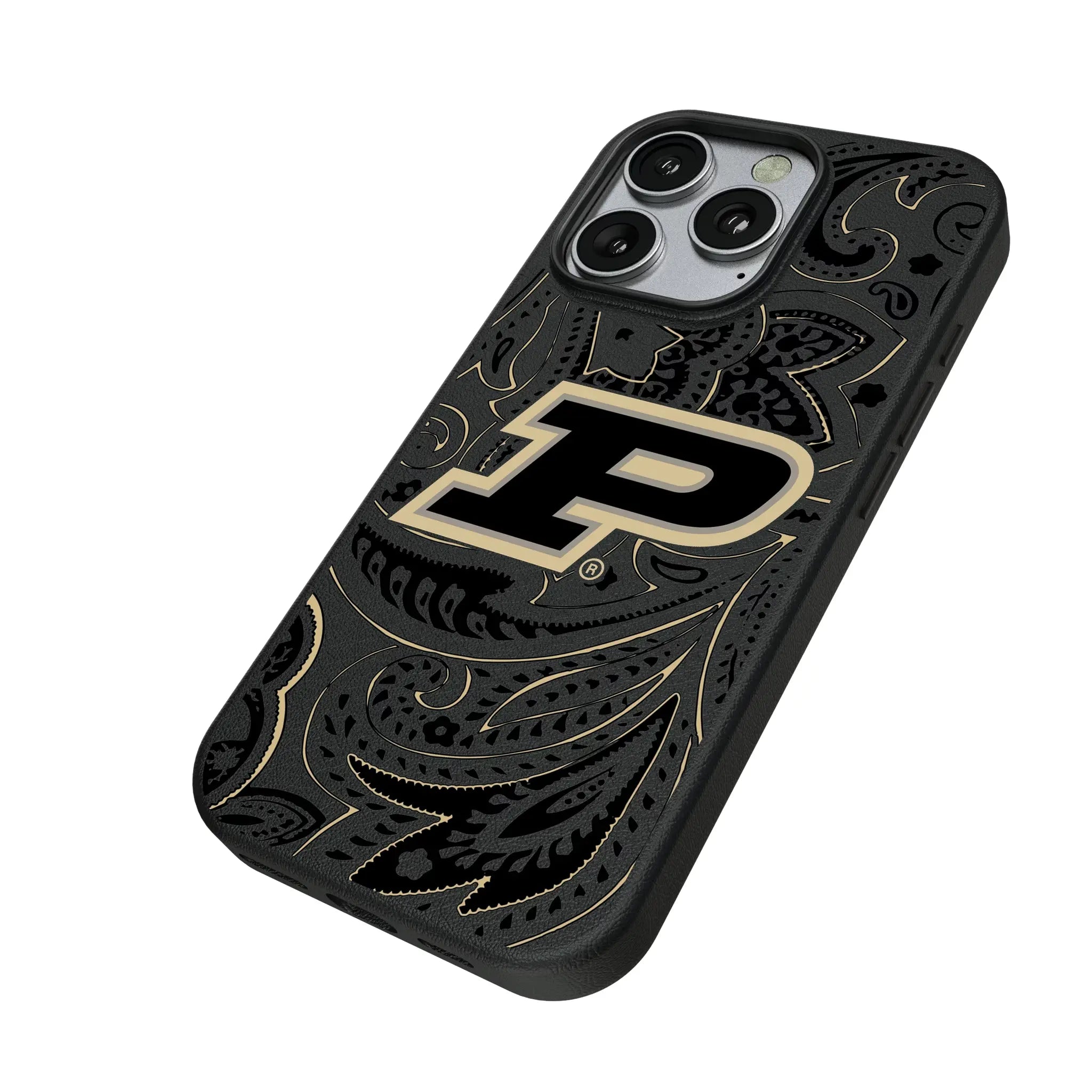 Purdue University Boilermakers Paisley iPhone MagSafe Compatible Phone Case for Apple iPhone - Isometric View