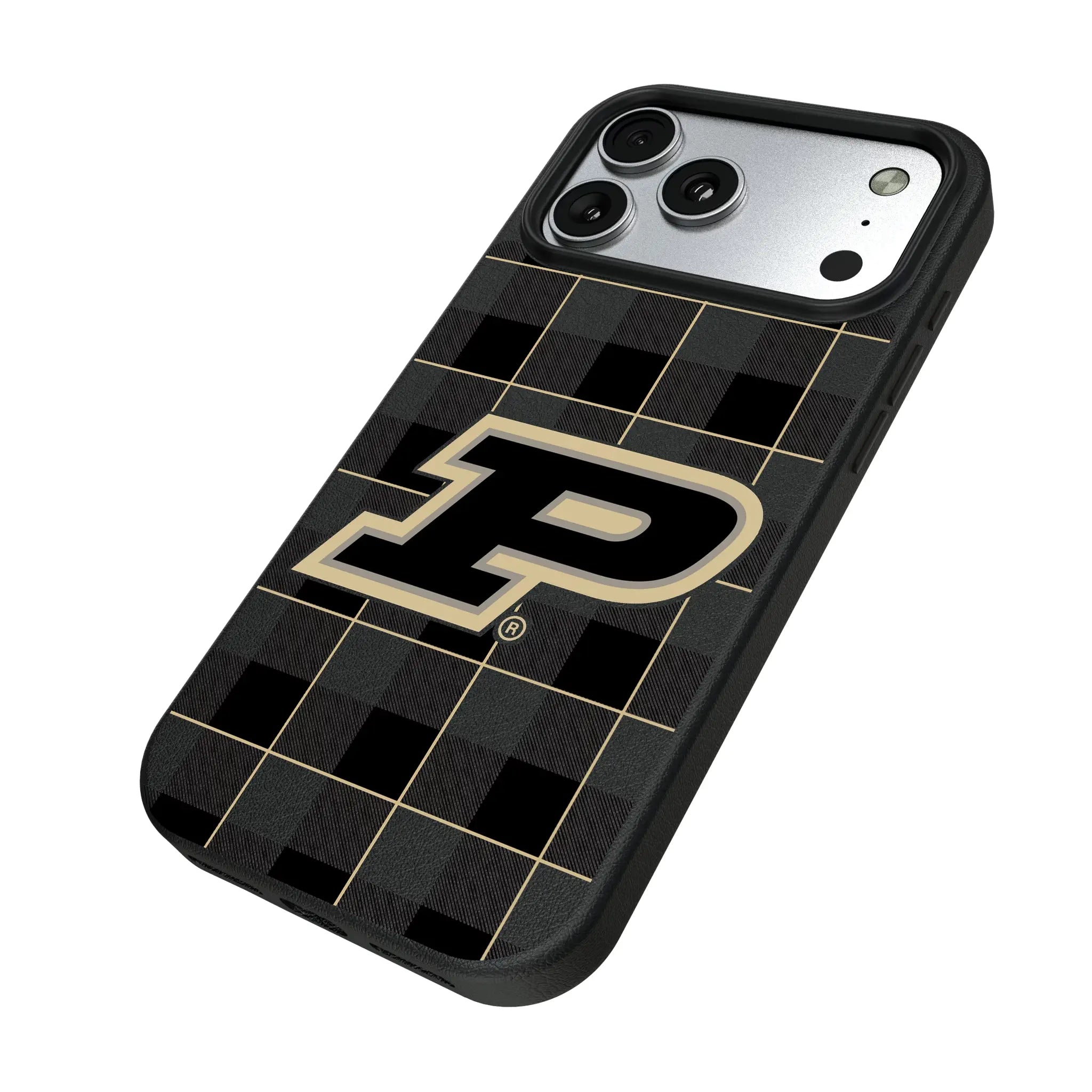Purdue University Boilermakers Plaid iPhone MagSafe Compatible Phone Case for Apple iPhone - Isometric View#Device_iPhone 17 Pro Max
