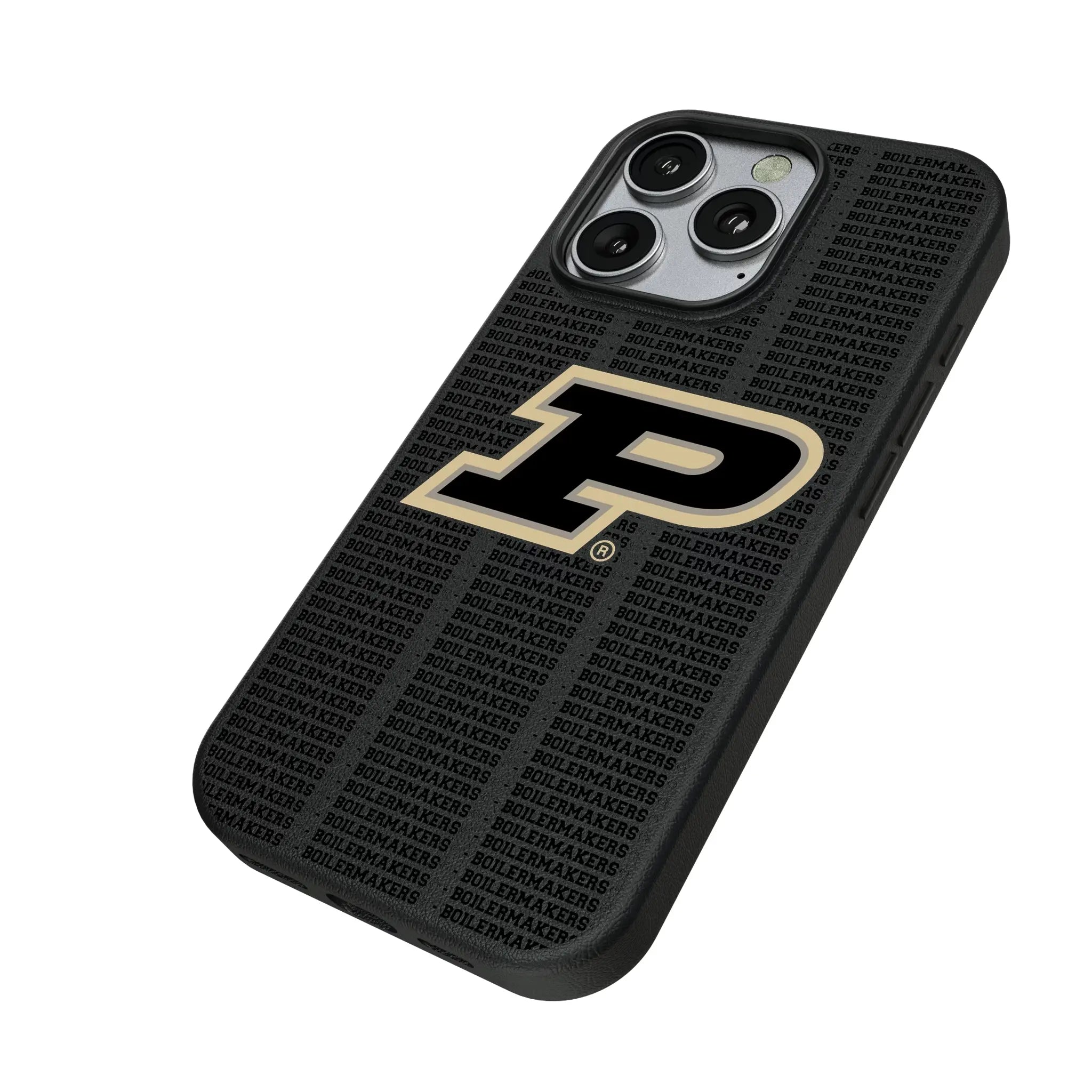 Purdue University Boilermakers Text Backdrop iPhone MagSafe Compatible Phone Case for Apple iPhone - Isometric View