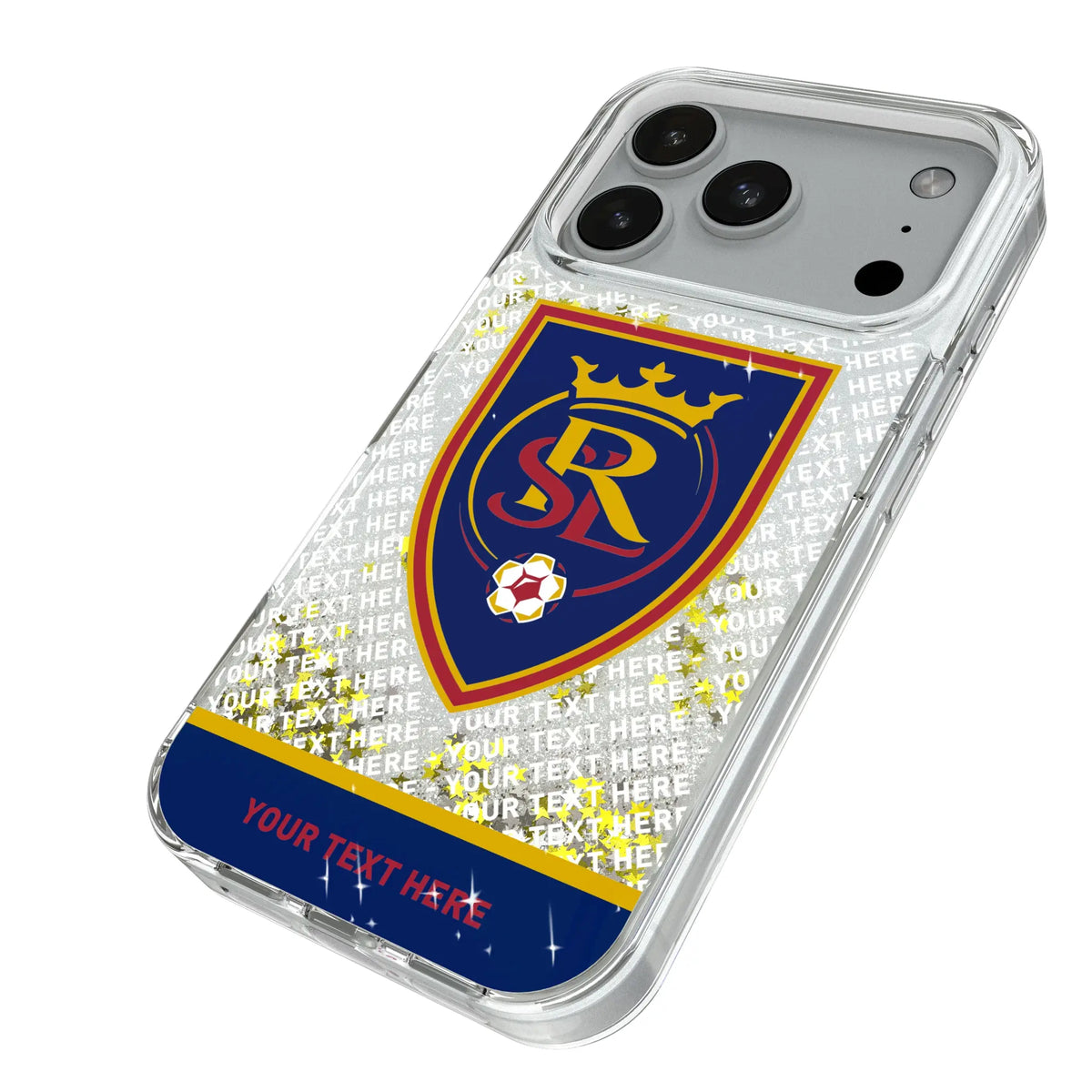 Real Salt Lake Personalized EndZone Plus iPhone Glitter Phone Case for Apple iPhone - Isometric View#Device_iPhone 18 Pro