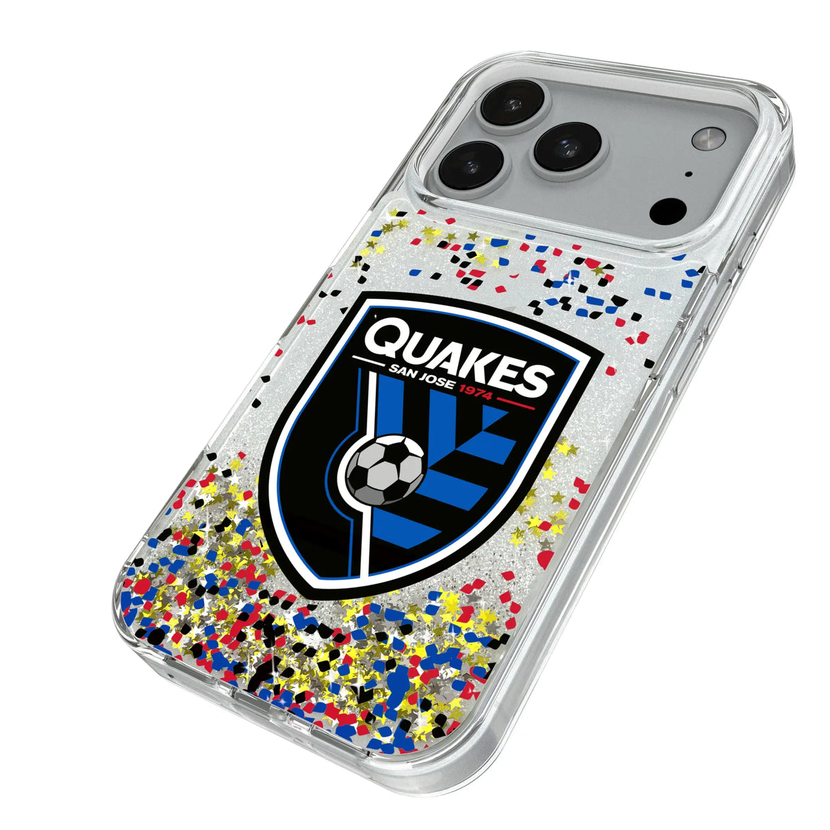 San Jose Earthquakes Confetti iPhone Glitter Phone Case for Apple iPhone - Isometric View#Device_iPhone 18 Pro