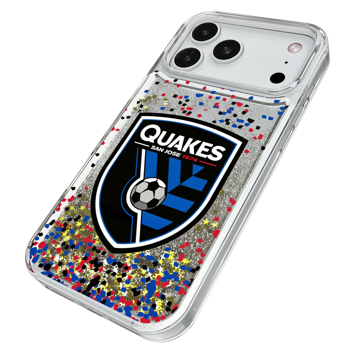 San Jose Earthquakes Confetti iPhone Glitter Phone Case for Apple iPhone - Isometric View#Device_iPhone 18 Pro Max