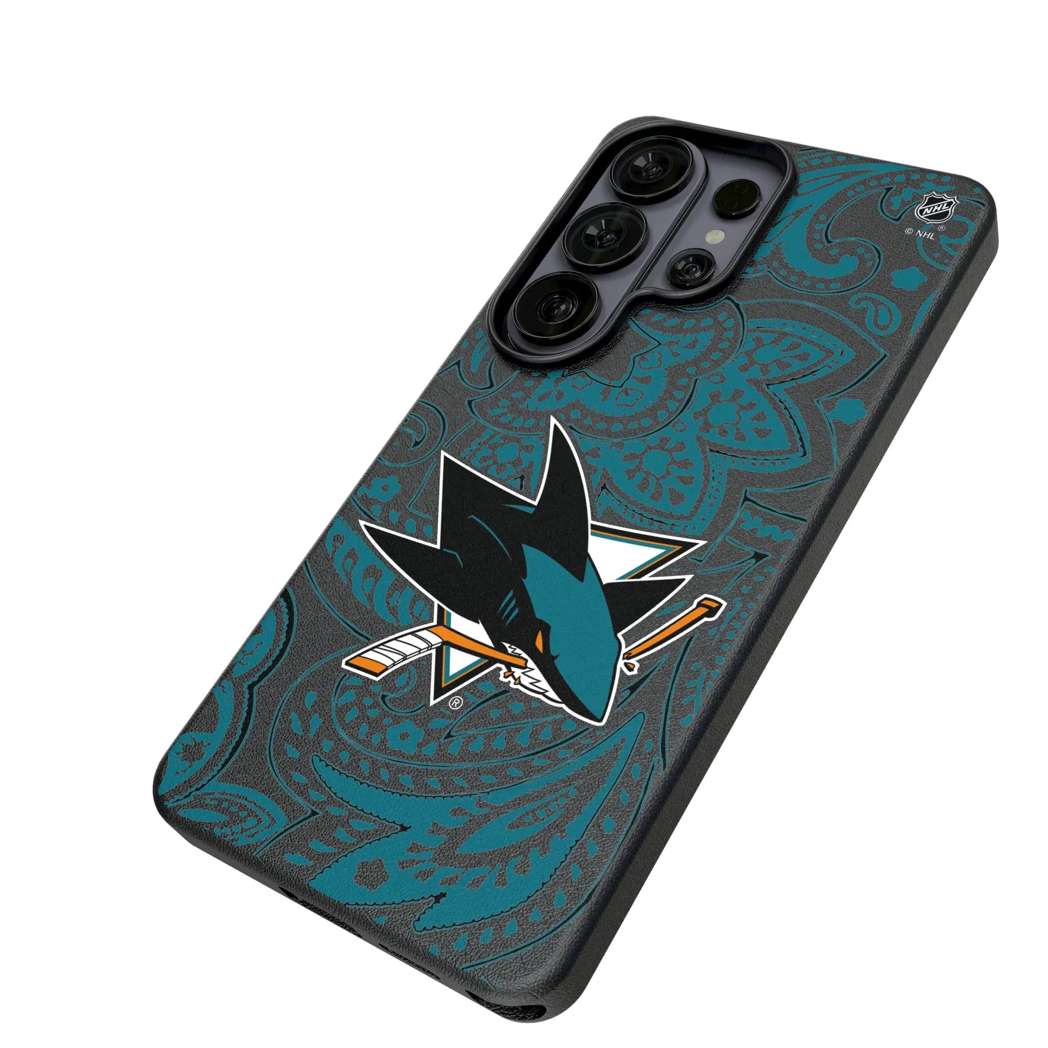 San Jose Sharks Paisley Galaxy MagSafe Compatible Phone Case for Samsung Galaxy - Isometric View#Device_Galaxy S26 Ultra