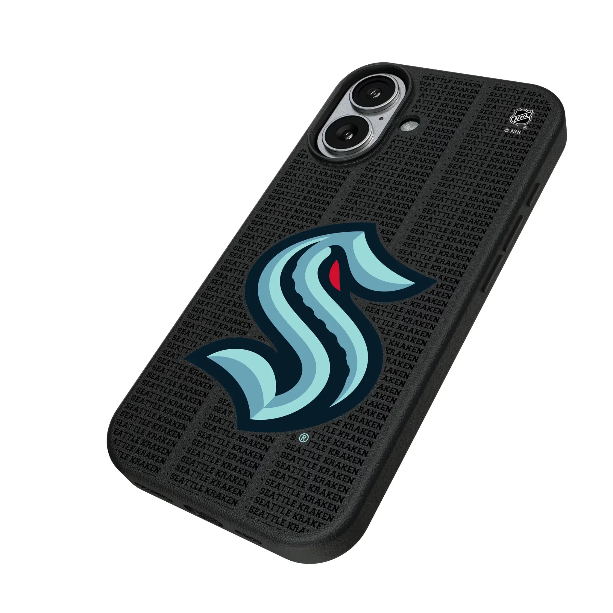 Seattle Kraken Text Backdrop iPhone MagSafe Compatible Phone Case for Apple iPhone - Isometric View#Device_iPhone 17
