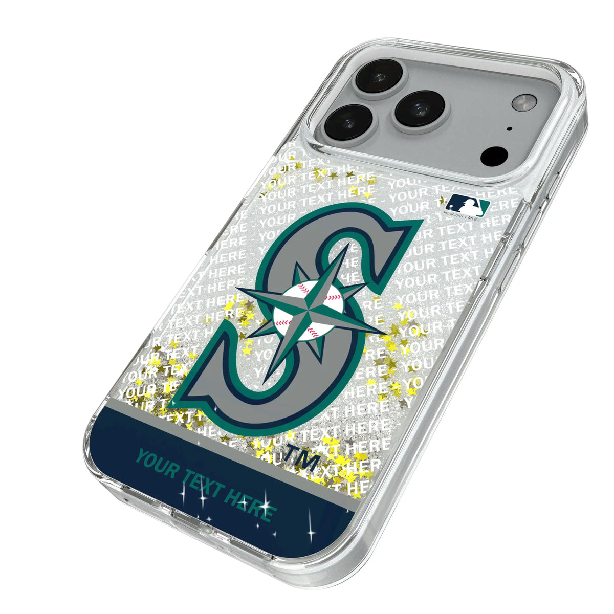 Seattle Mariners Personalized EndZone Plus iPhone Glitter Phone Case for Apple iPhone - Isometric View#Device_iPhone 18 Pro