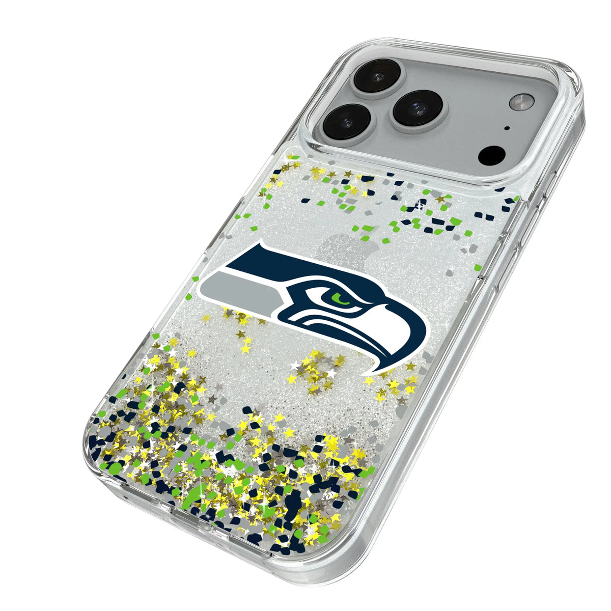 Seattle Seahawks Confetti iPhone Glitter Phone Case for Apple iPhone - Isometric View#Device_iPhone 18 Pro