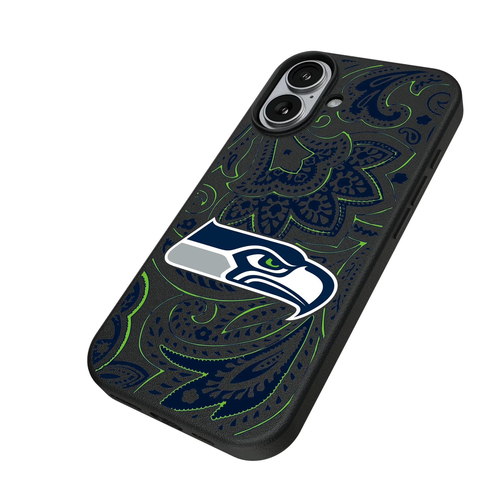 Seattle Seahawks Paisley iPhone MagSafe Compatible Phone Case for Apple iPhone - Isometric View#Device_iPhone 17