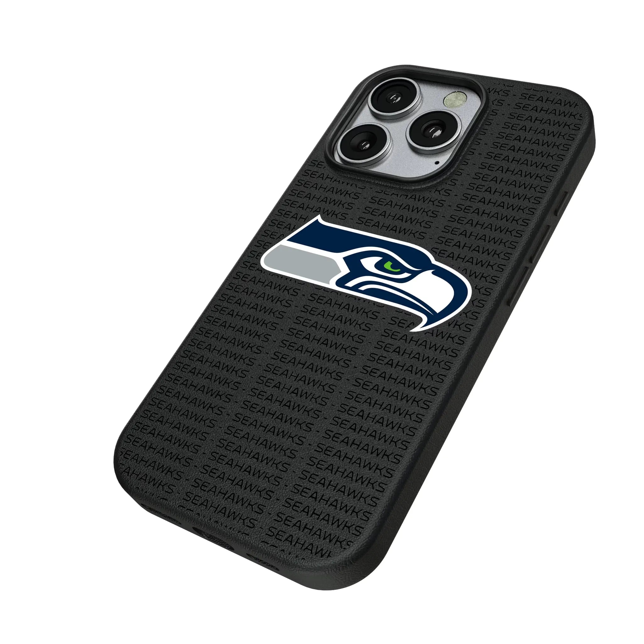 Seattle Seahawks Text Backdrop iPhone MagSafe Compatible Phone Case for Apple iPhone - Isometric View