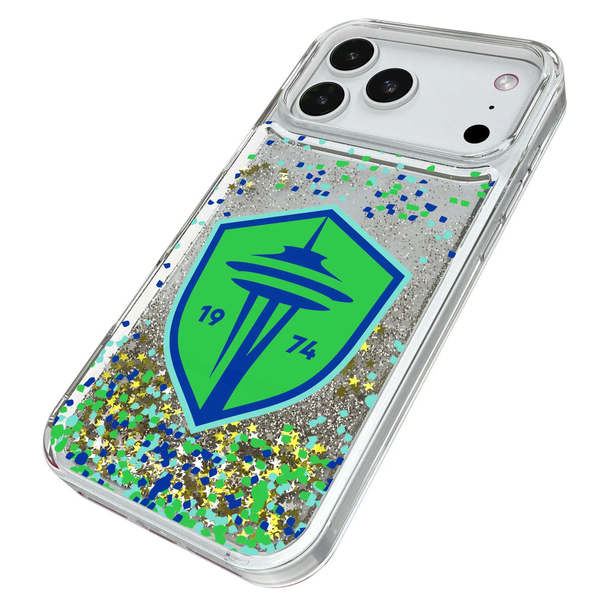 Seattle Sounders FC Confetti iPhone Glitter Phone Case for Apple iPhone - Isometric View#Device_iPhone 18 Pro Max