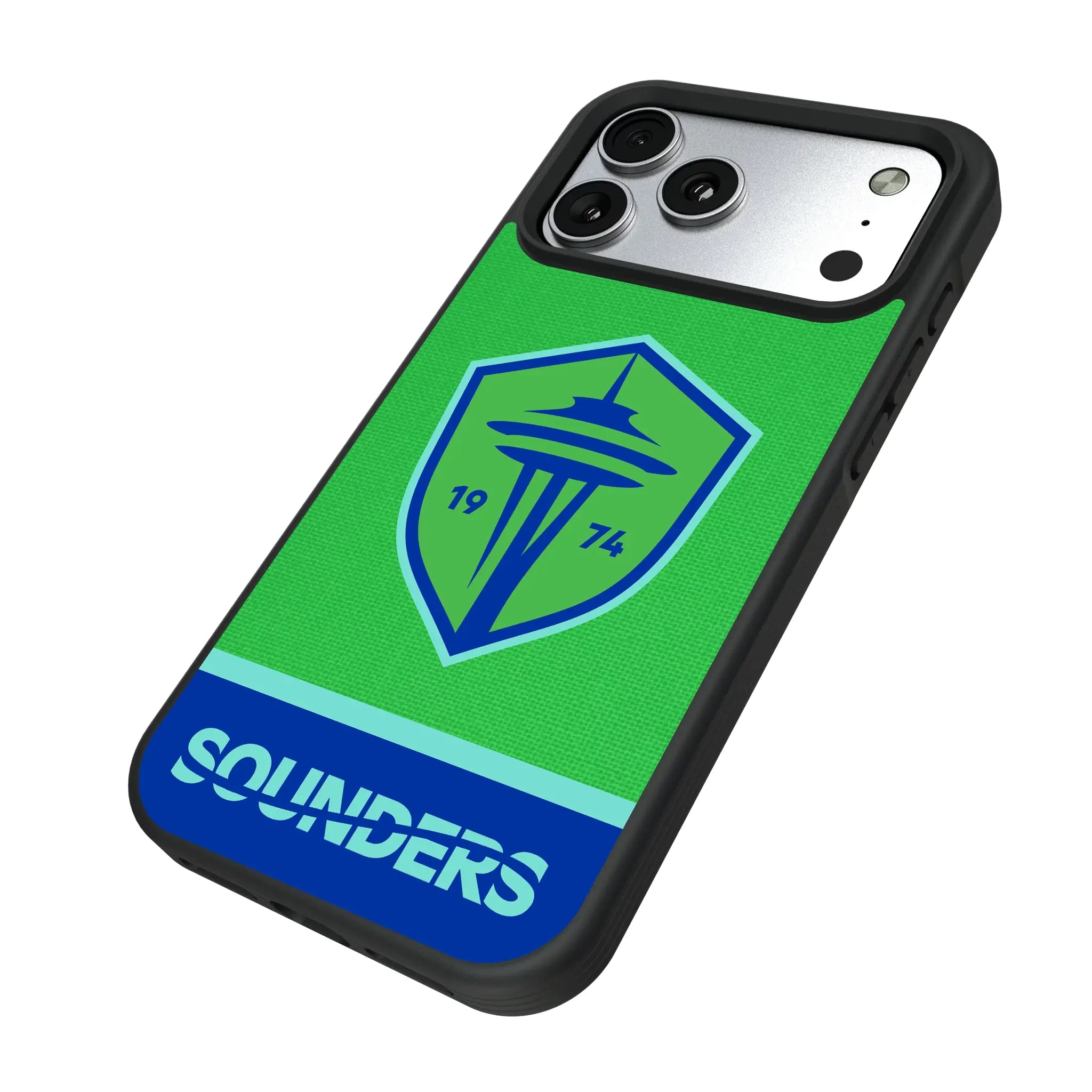 Seattle Sounders FC Endzone Solid iPhone Bump Phone Case for Apple iPhone - Isometric View#Device_iPhone 17 Pro Max
