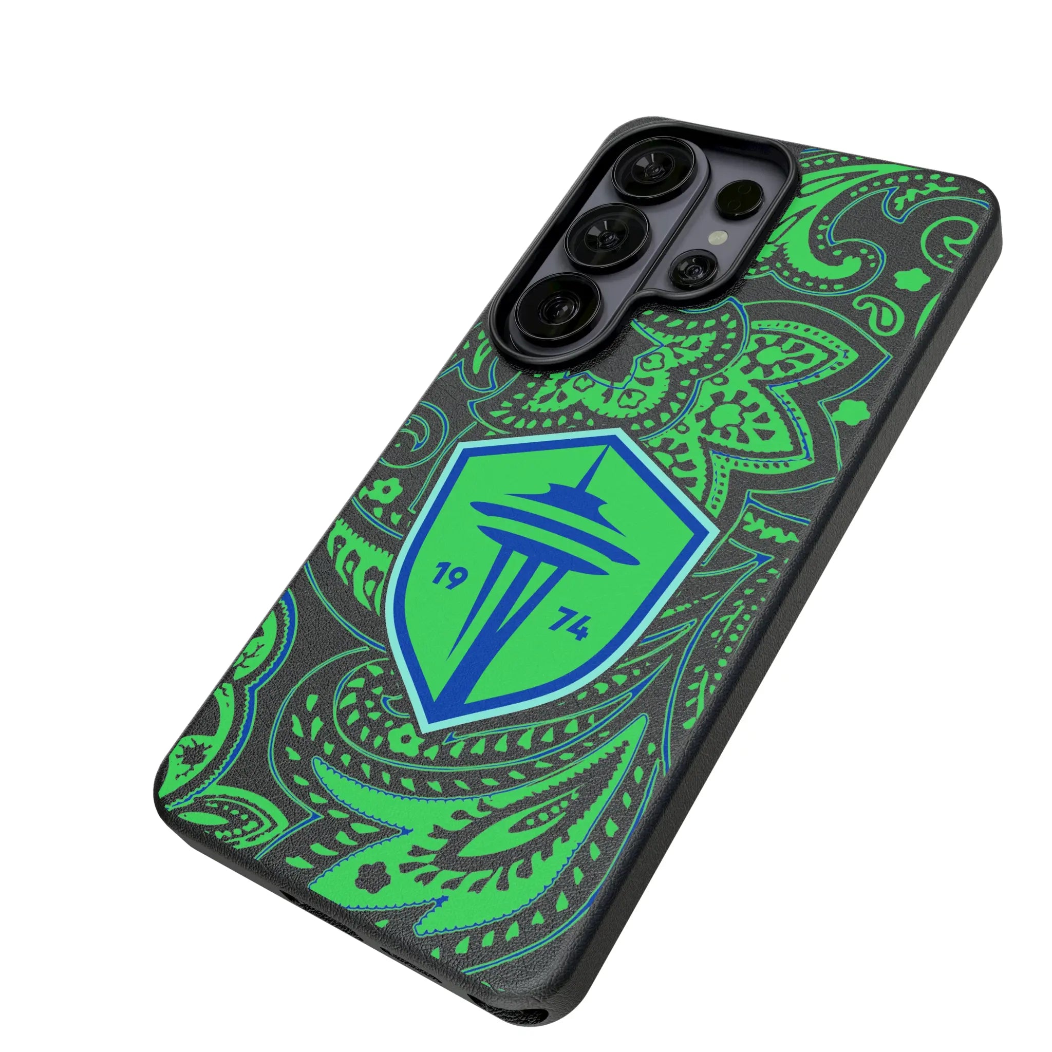 Seattle Sounders FC Paisley Galaxy MagSafe Compatible Phone Case for Samsung Galaxy - Isometric View#Device_Galaxy S26 Ultra